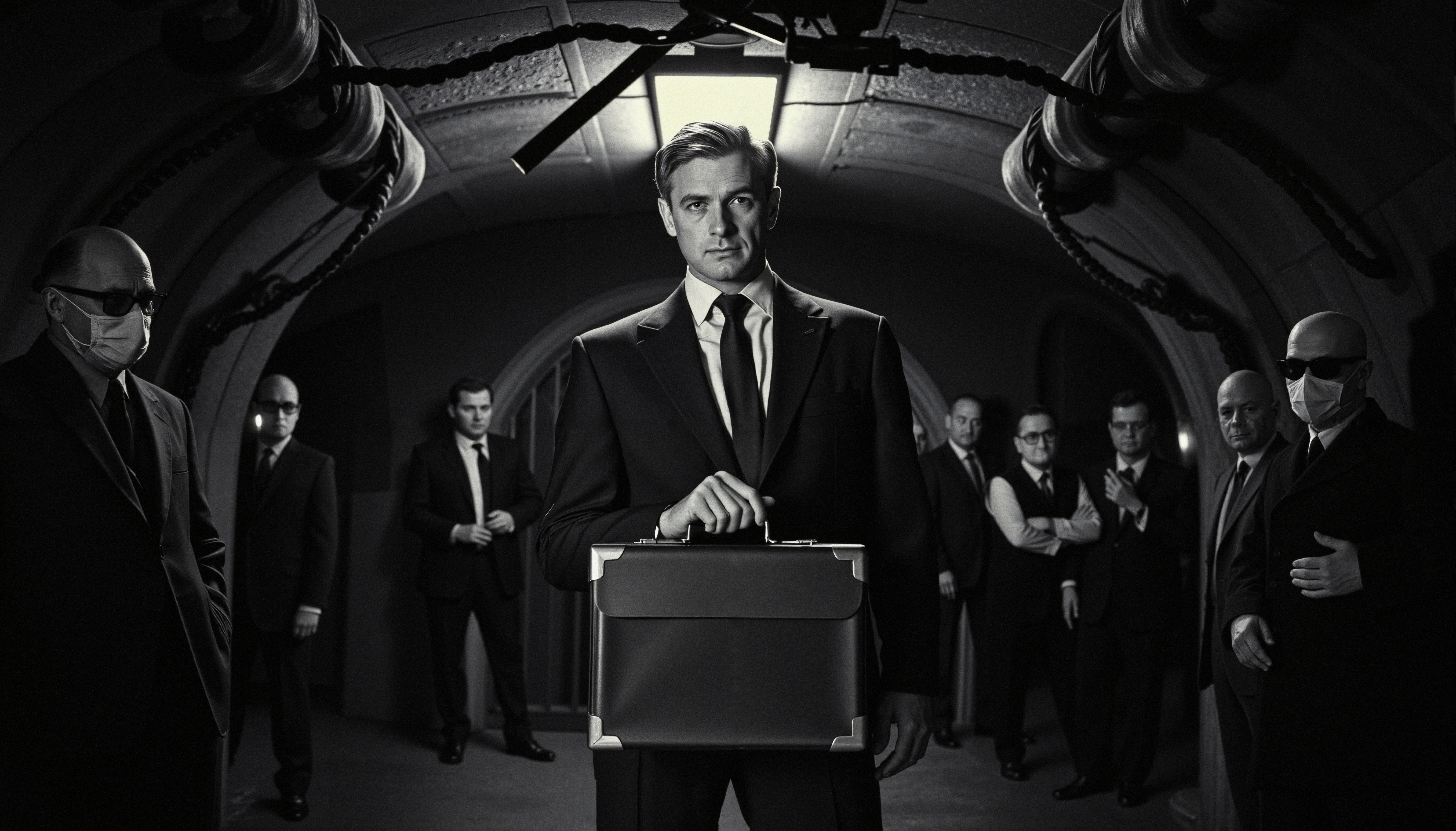 A man holding a briefcase is surrounded by mysterious figures in suits in a dimly lit tunnel.