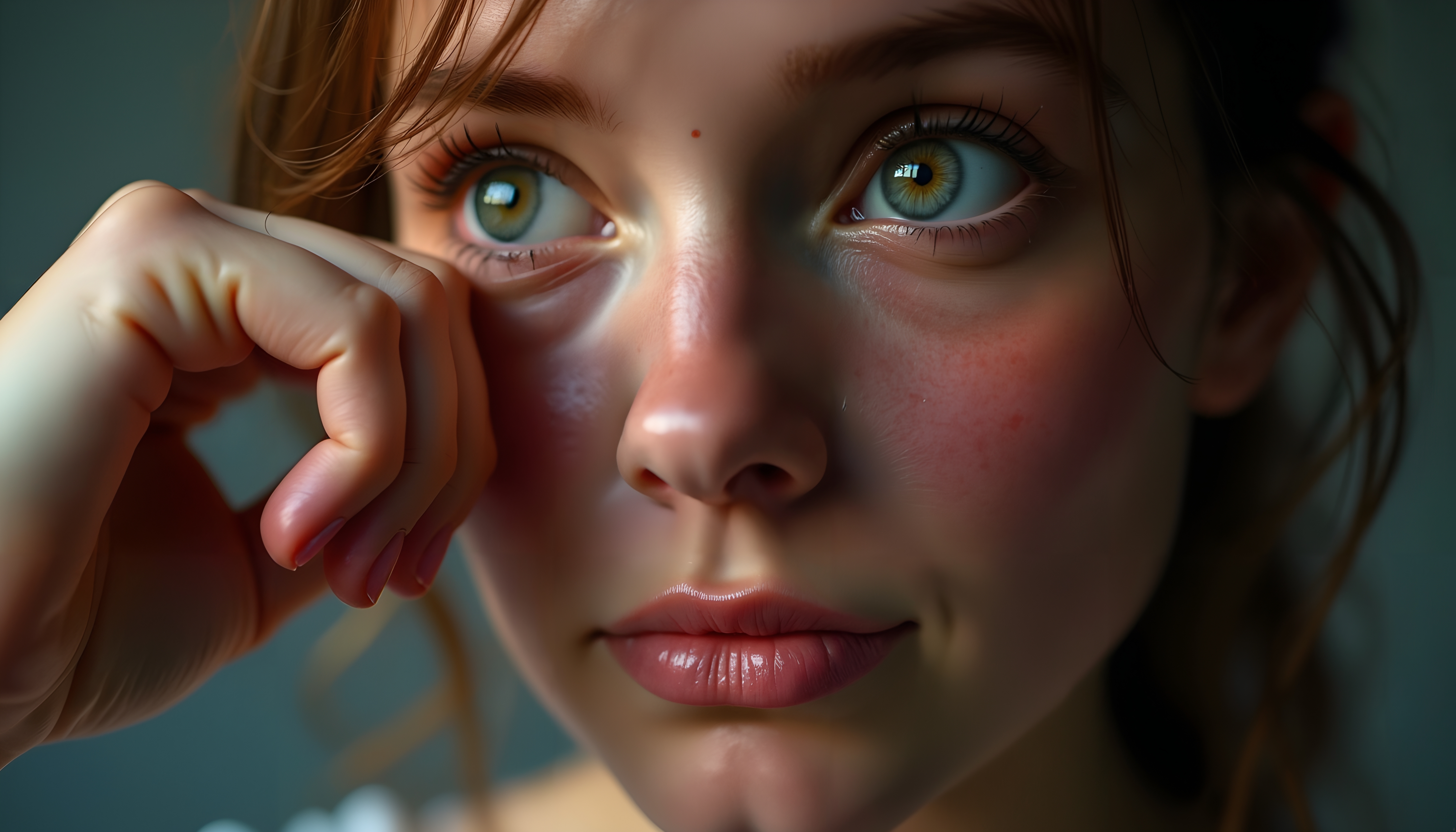 Close-up portrait of a young woman with thoughtful expression and striking green eyes.