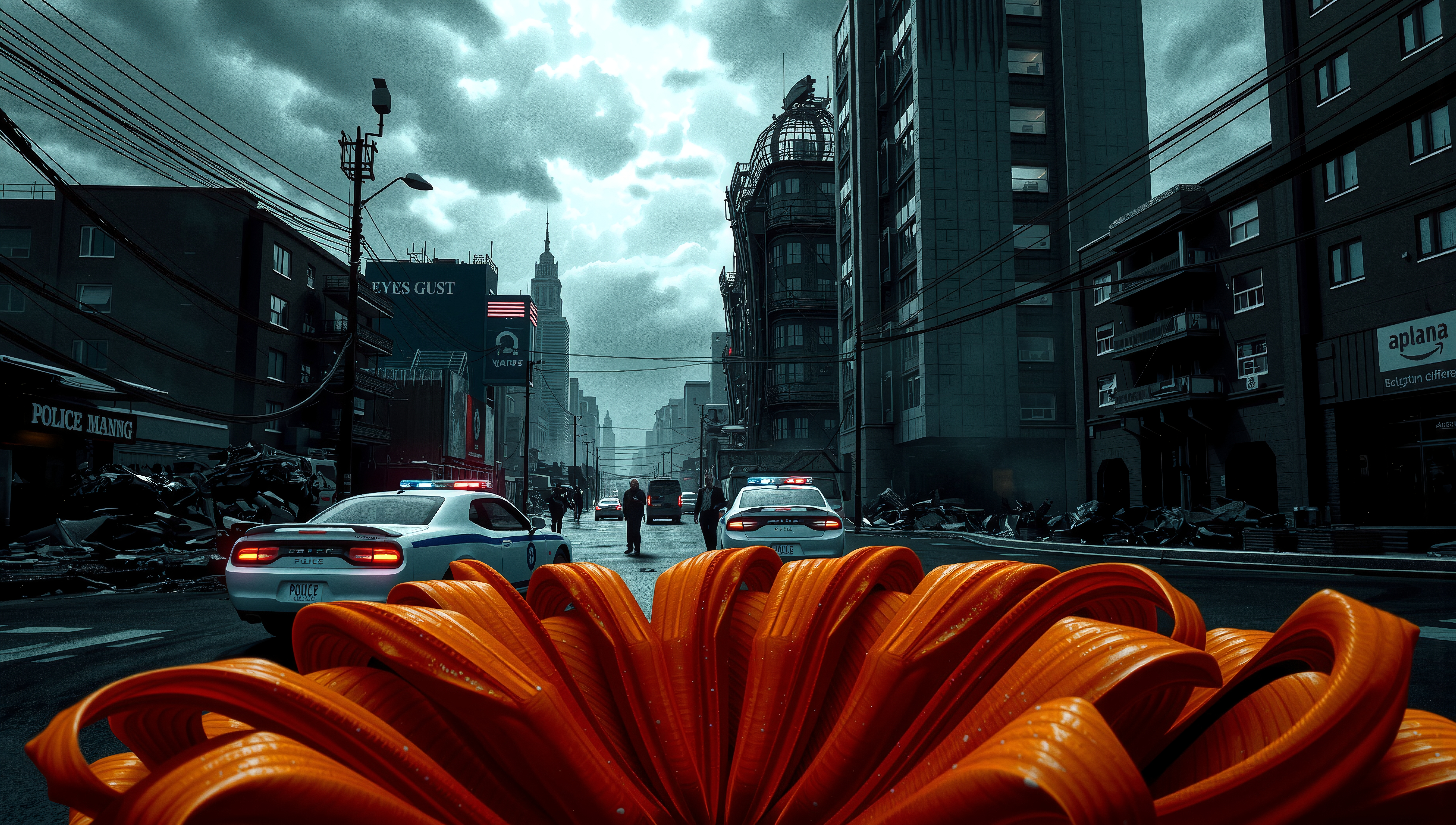 Abstract foreground leading to a moody, stylized urban street sc