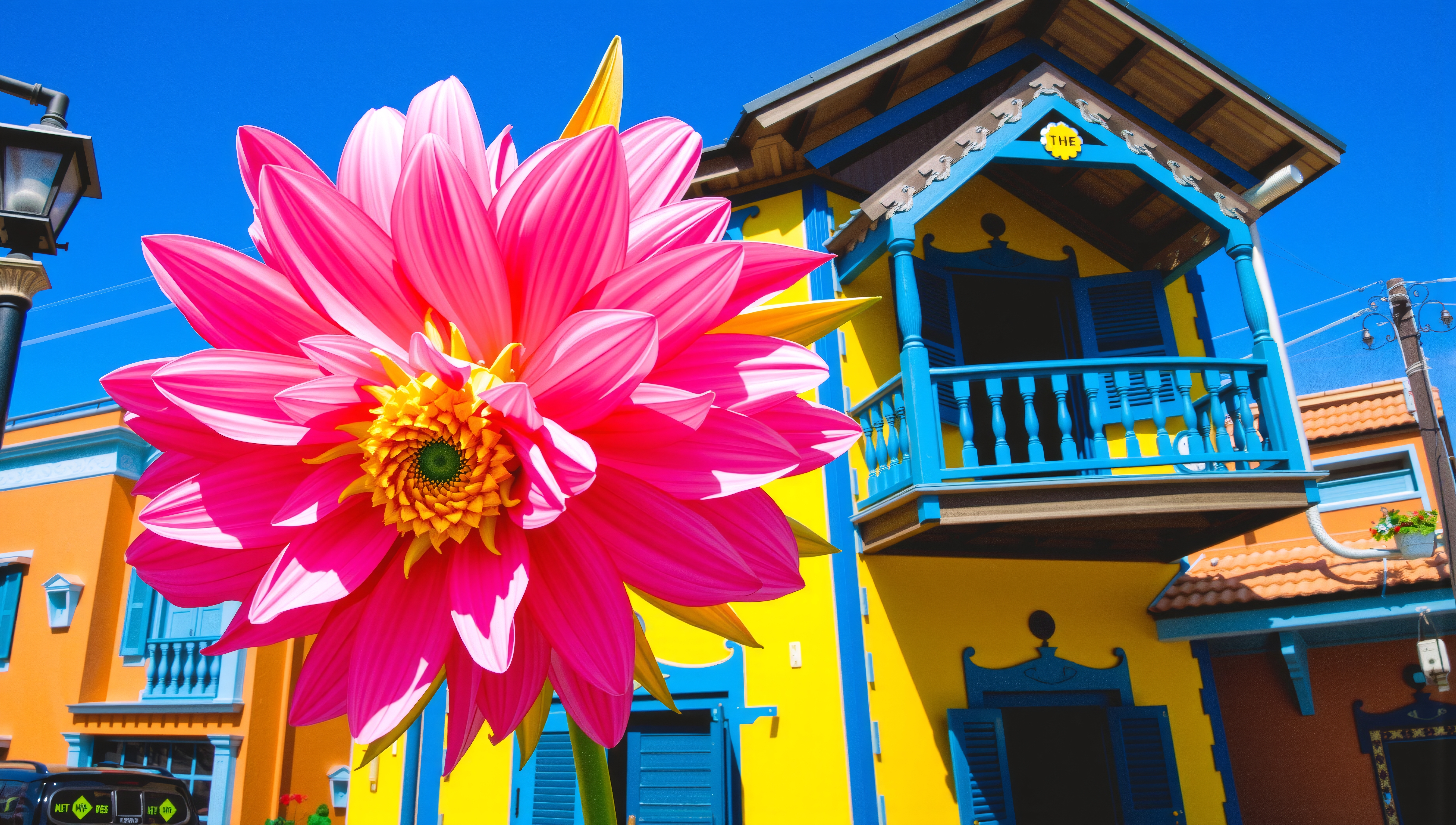 Vivid pink flower contrasts against a bright, colorful building background.