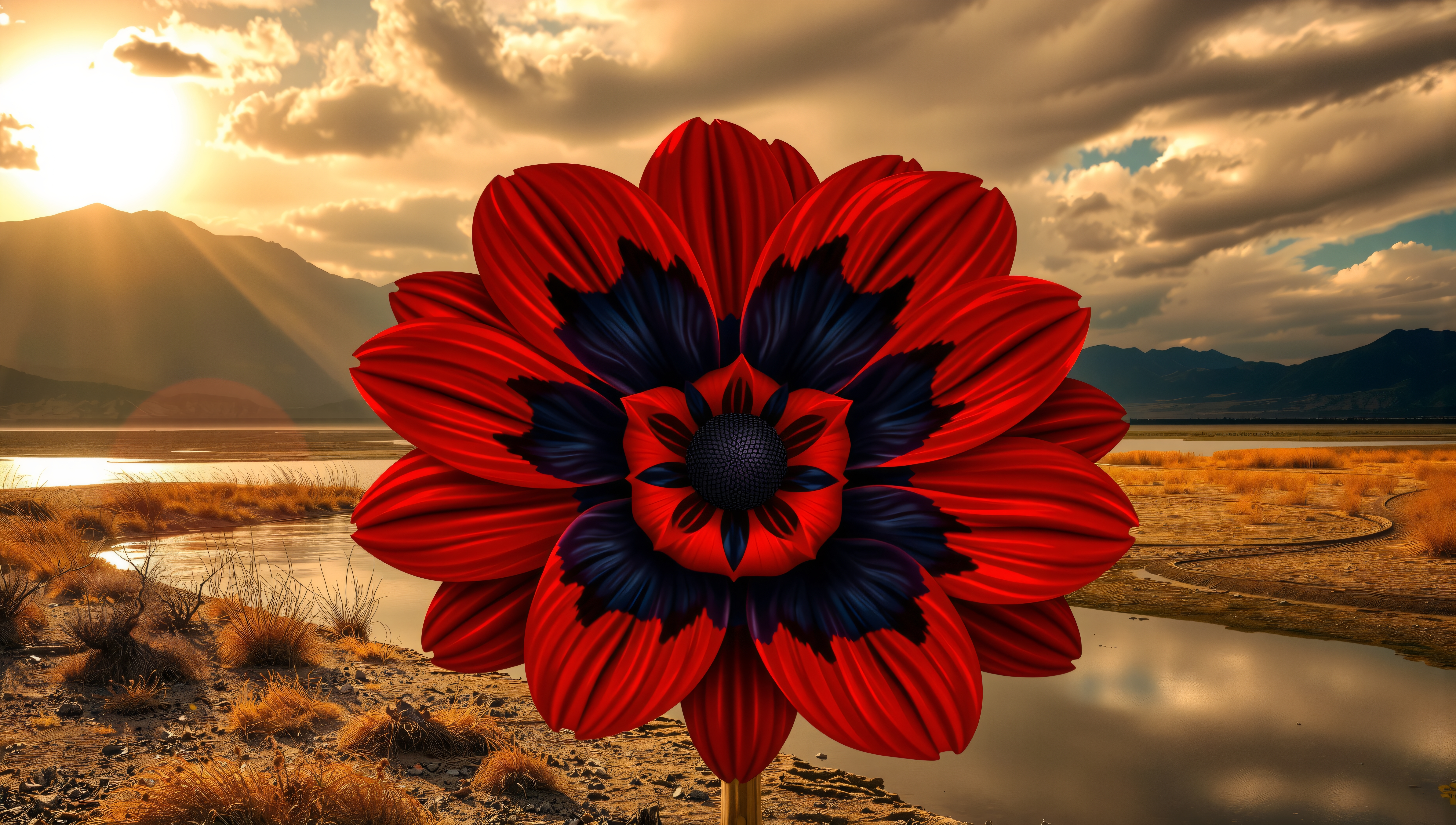 A vivid red flower stands against a stunning sunset landscape with mountains and water.