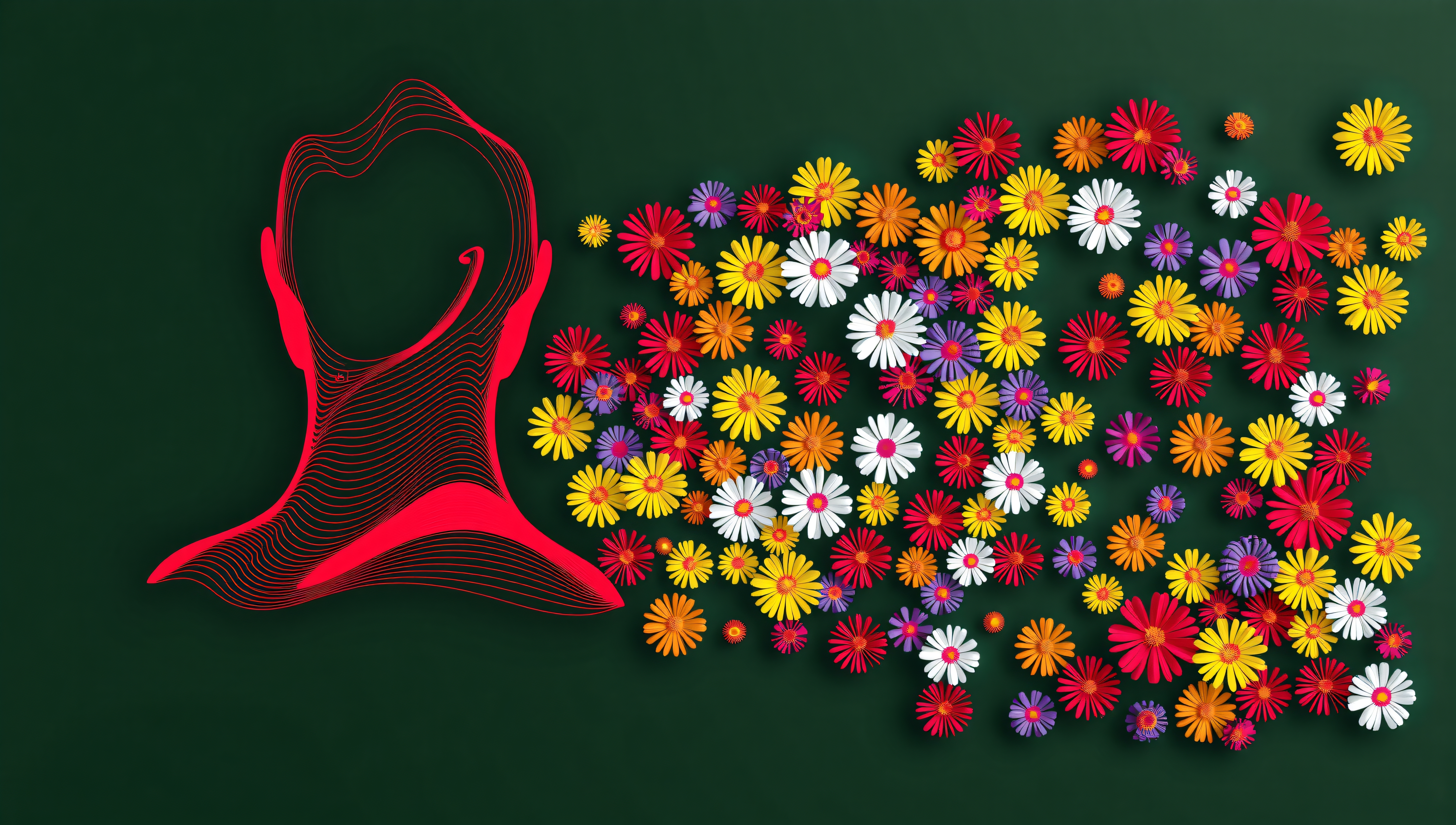 Illustration of a head silhouette with flowers bursting out, symbolizing expression and creativity against a dark background.