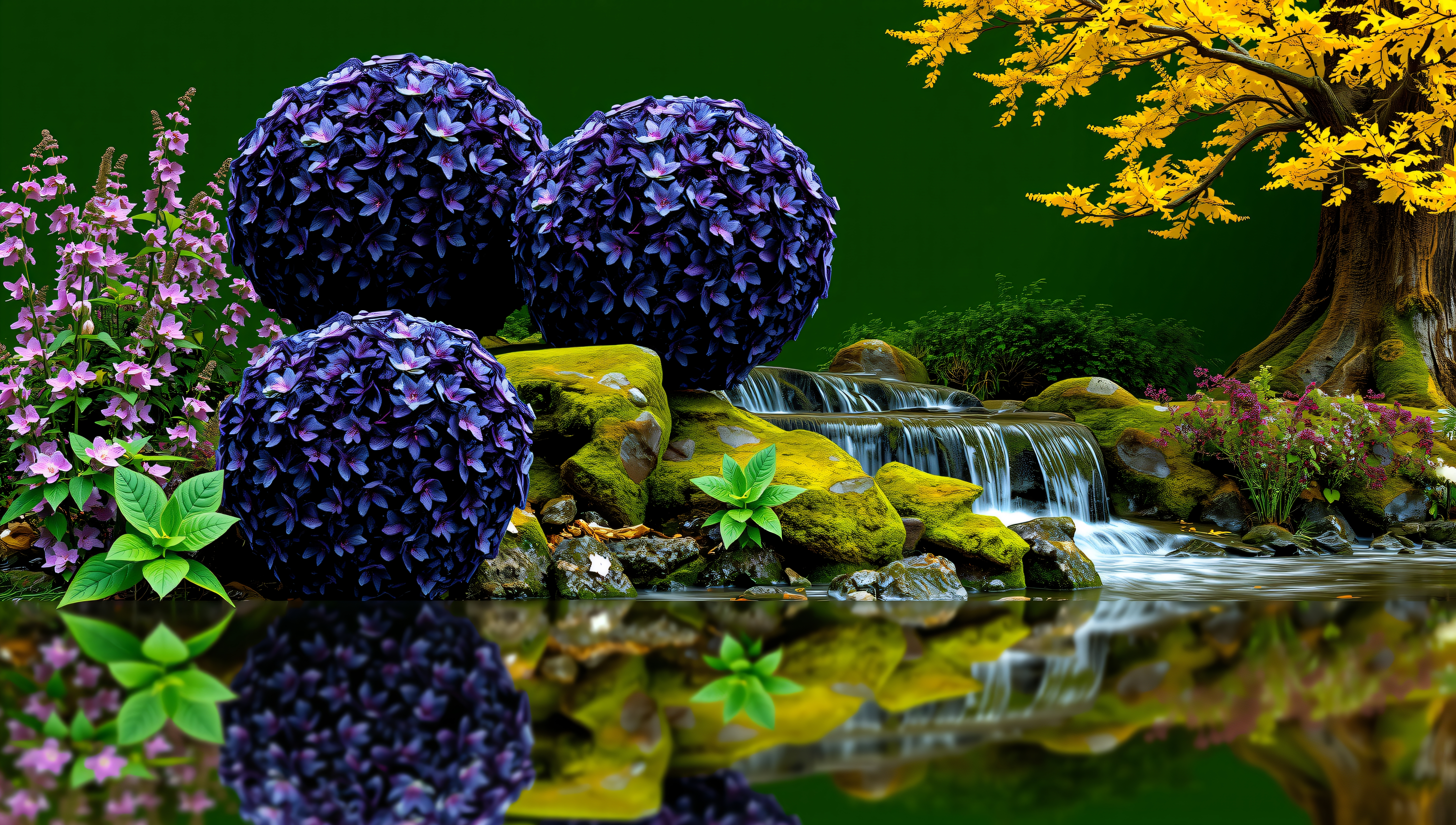 Enchanted garden with reflective waterfall surrounded by blooming flowers and golden tree