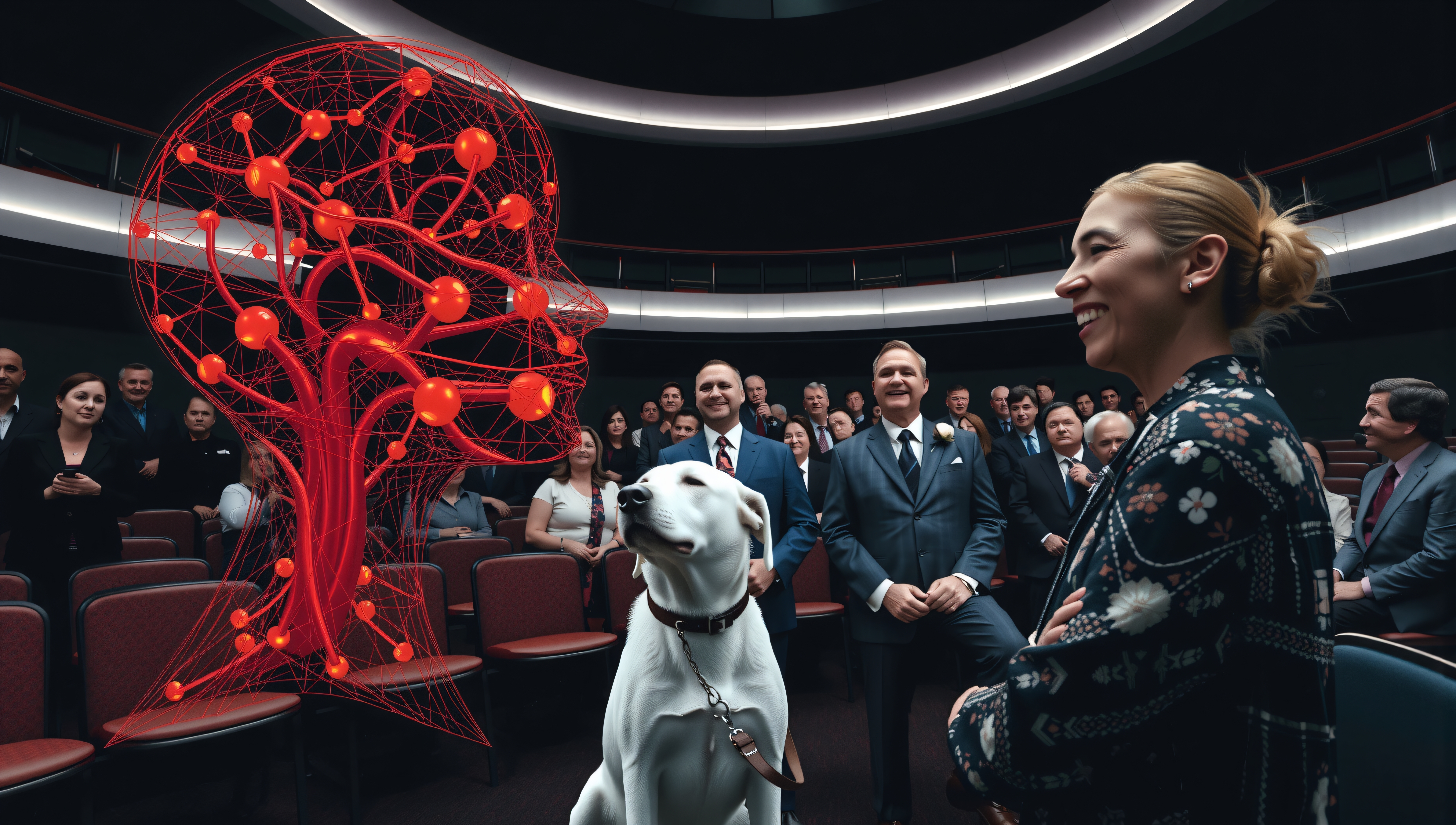 Audience engaged with holographic neural network display.