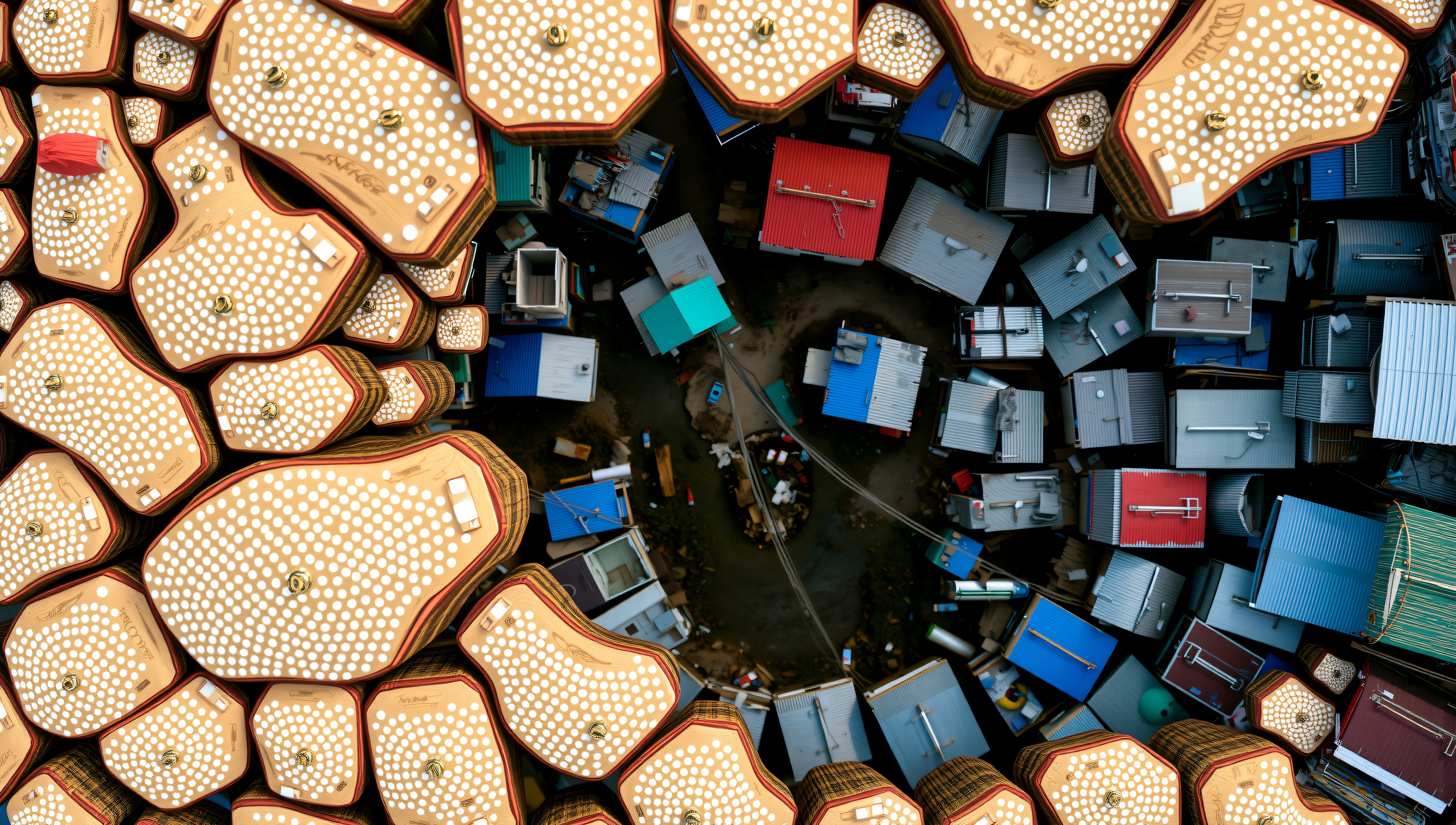Aerial view contrasting golden structures with colorful urban rooftops.