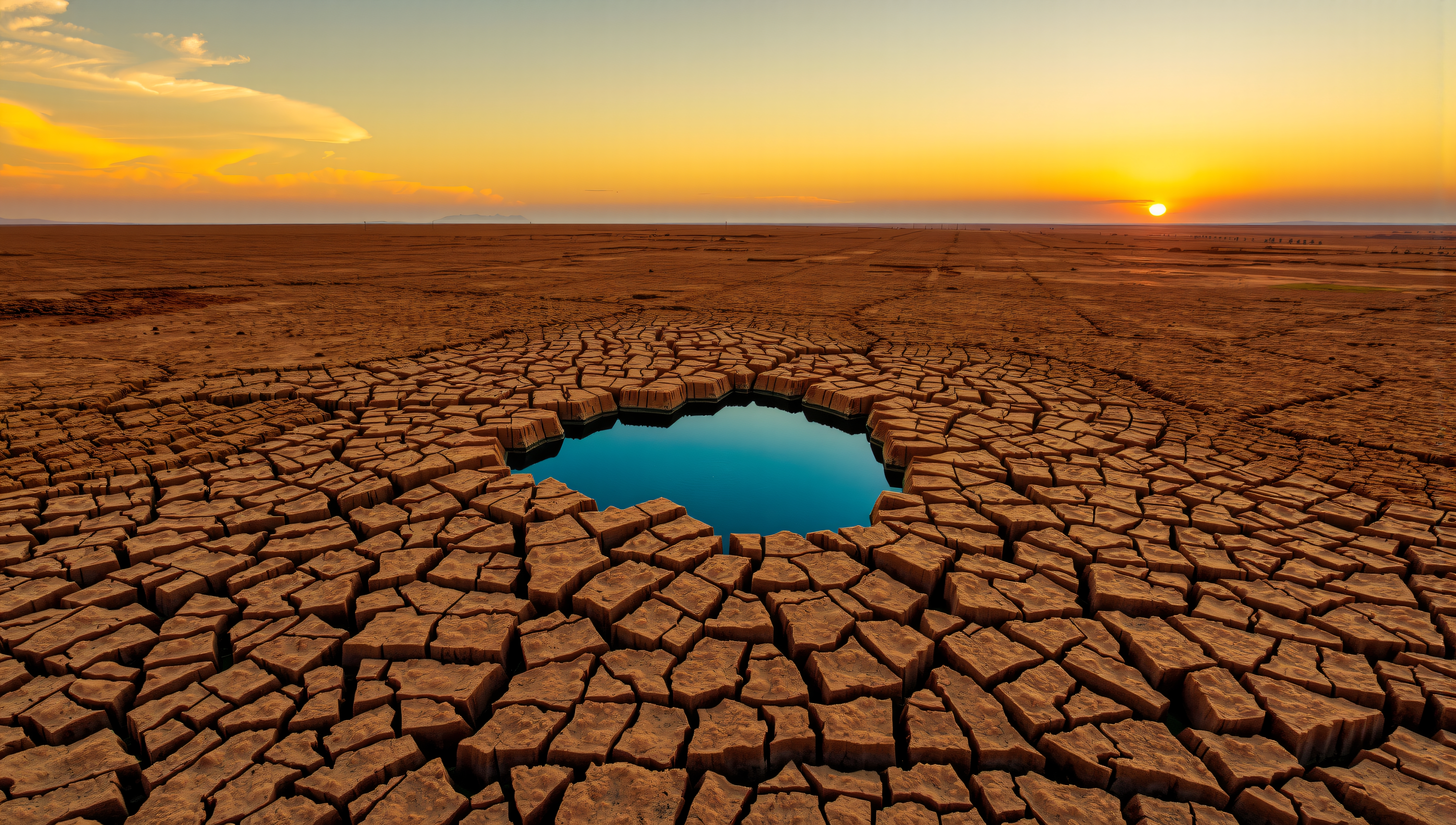 A small blue pool amid cracked desert earth at sunset.