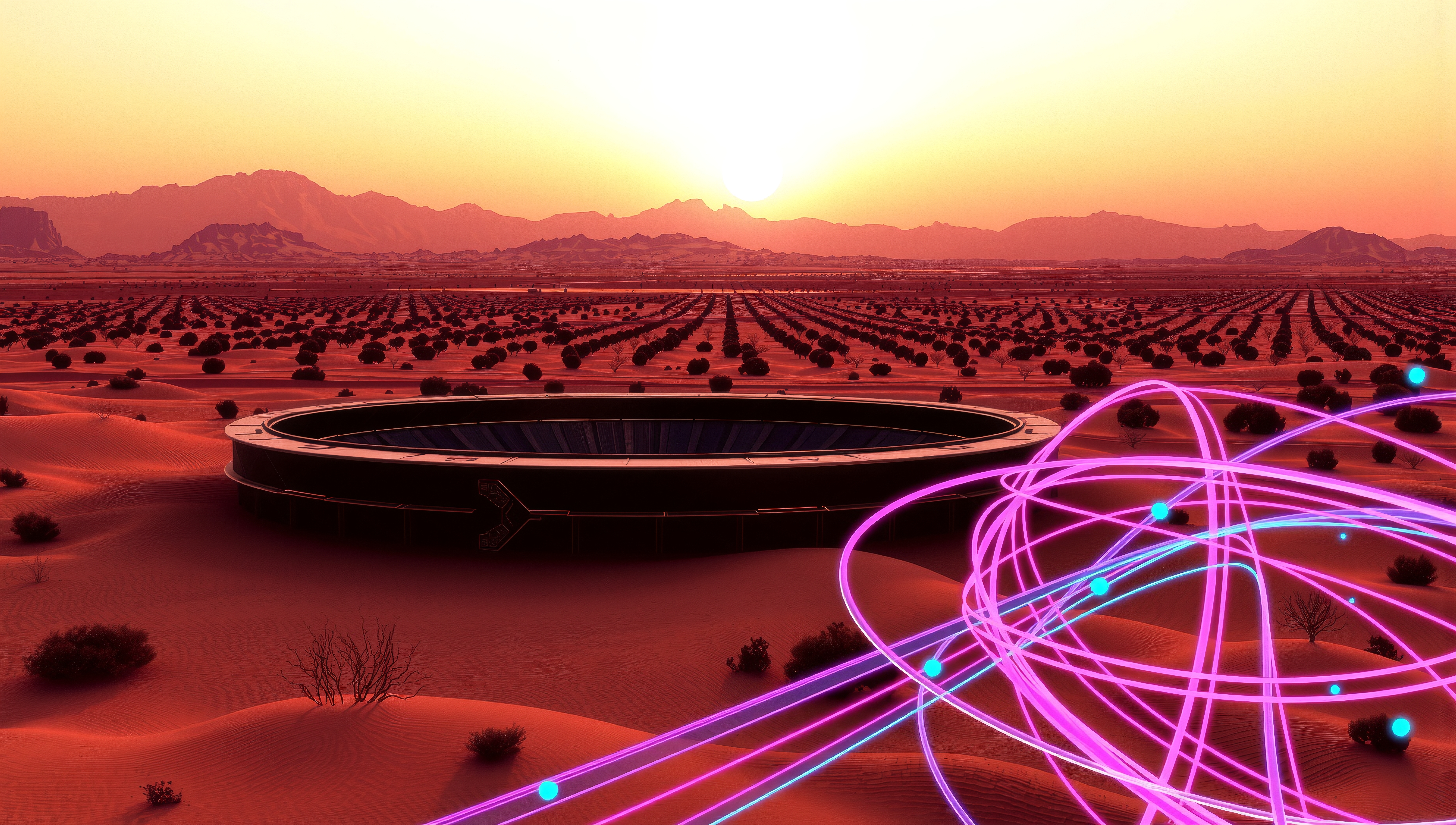 A futuristic scene with a circular metallic structure in a vibrant desert under a setting sun, crossed by dynamic neon lines.