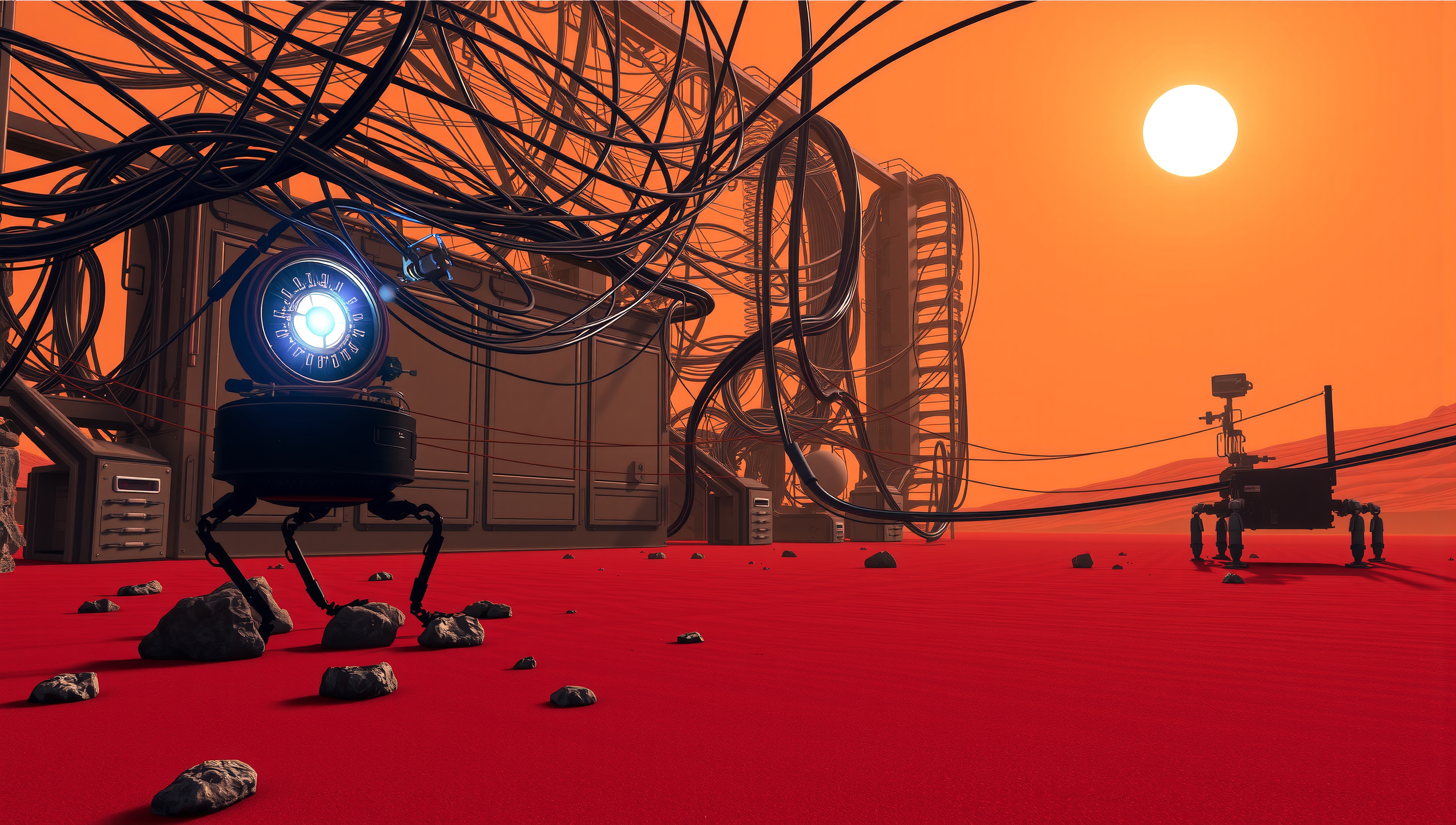 A scene of robots exploring a red, sandy alien landscape under an orange sky with cables and structures.