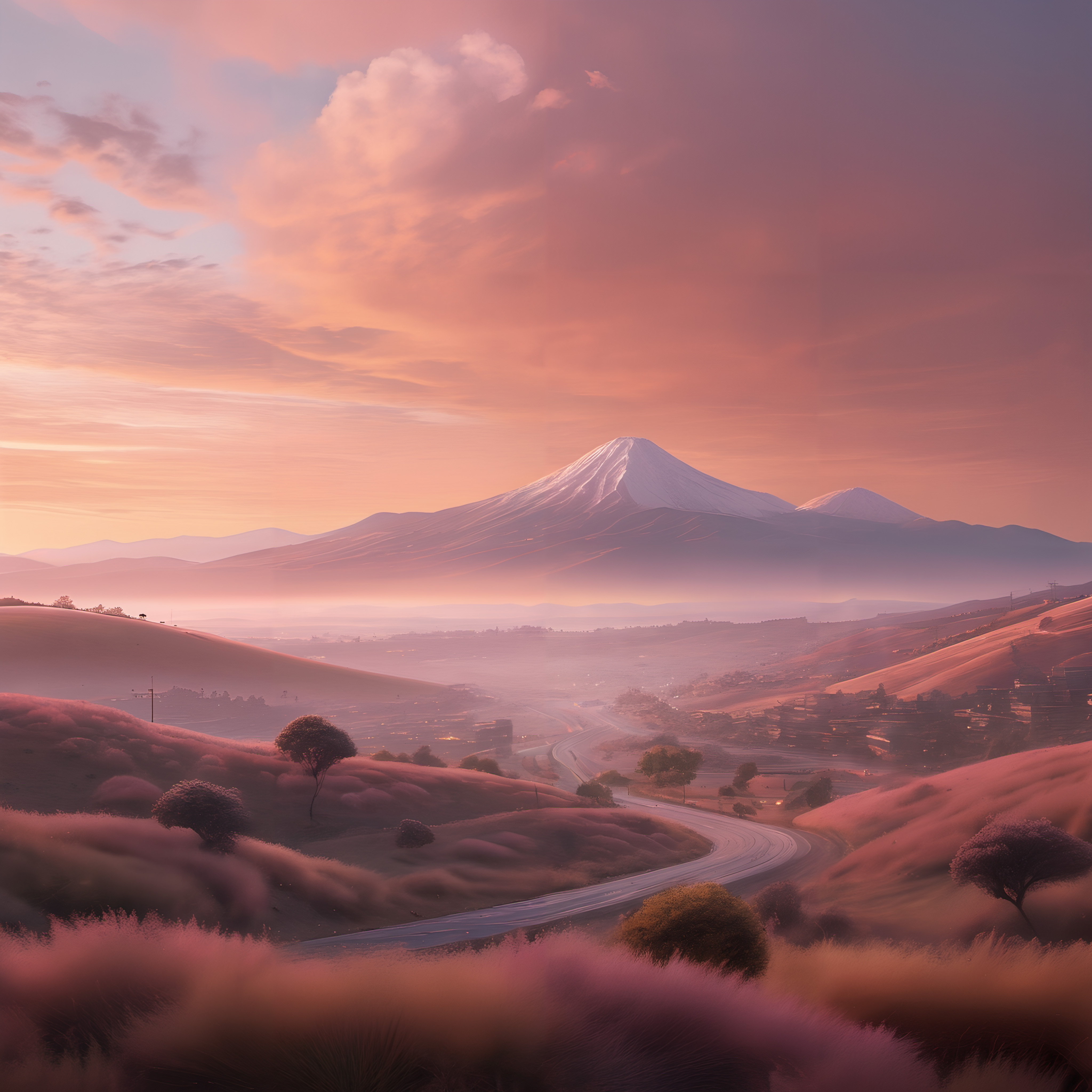 Sunset Over Snow-Capped Mountain and Rolling Hills