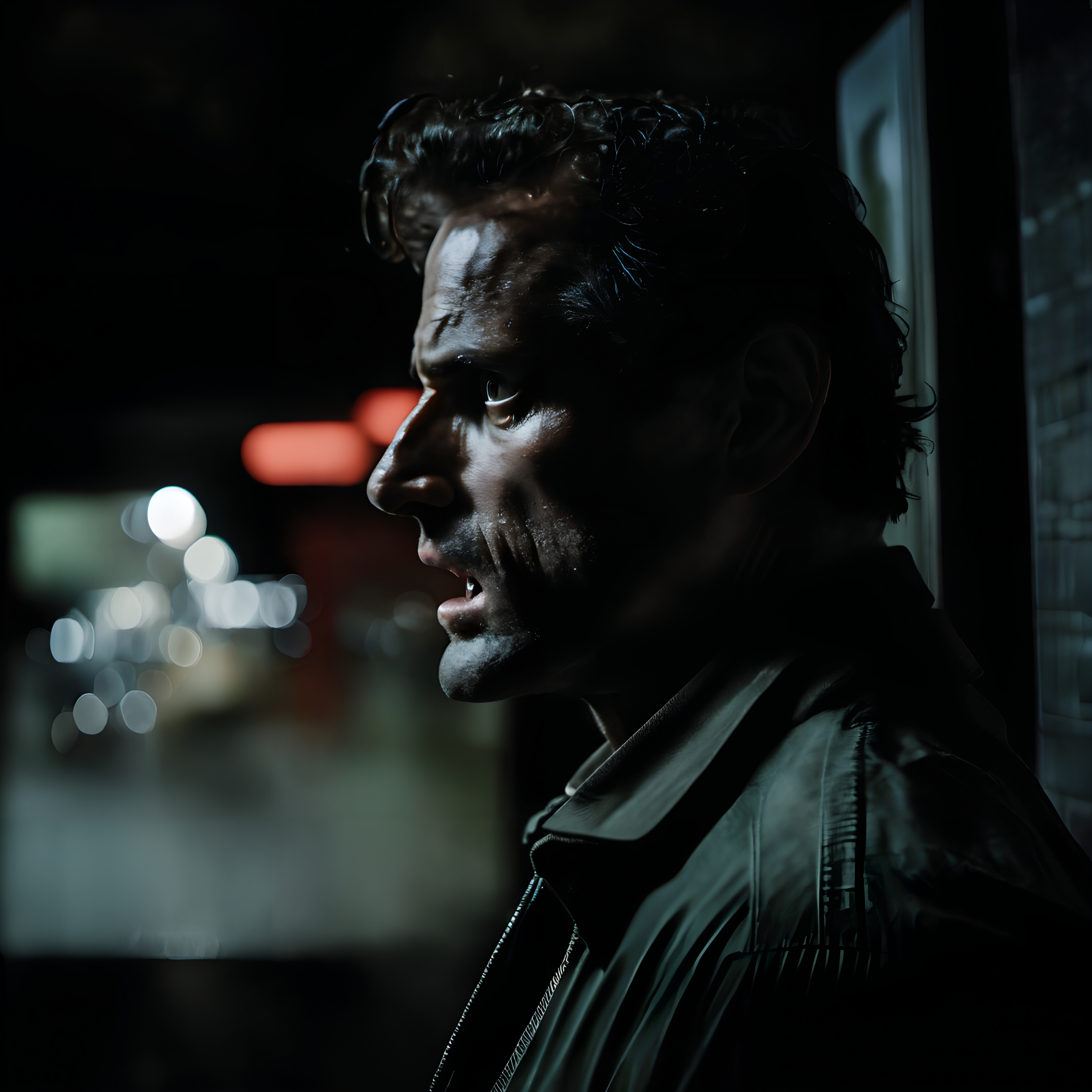 A man stands in profile in a dimly lit urban setting with dramatic lighting and bokeh background.