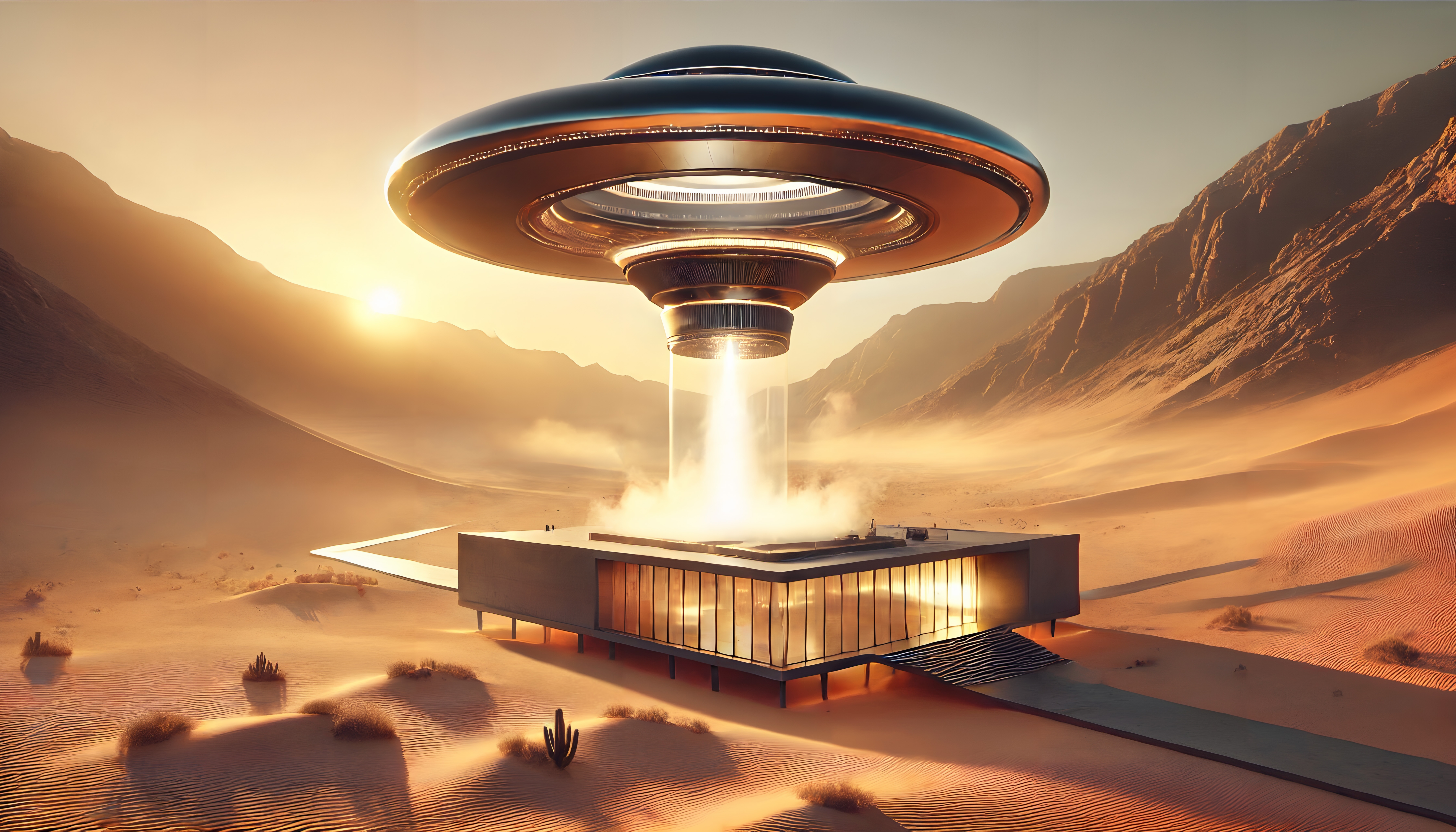 Futuristic spaceship hovering over desert building at sunset.