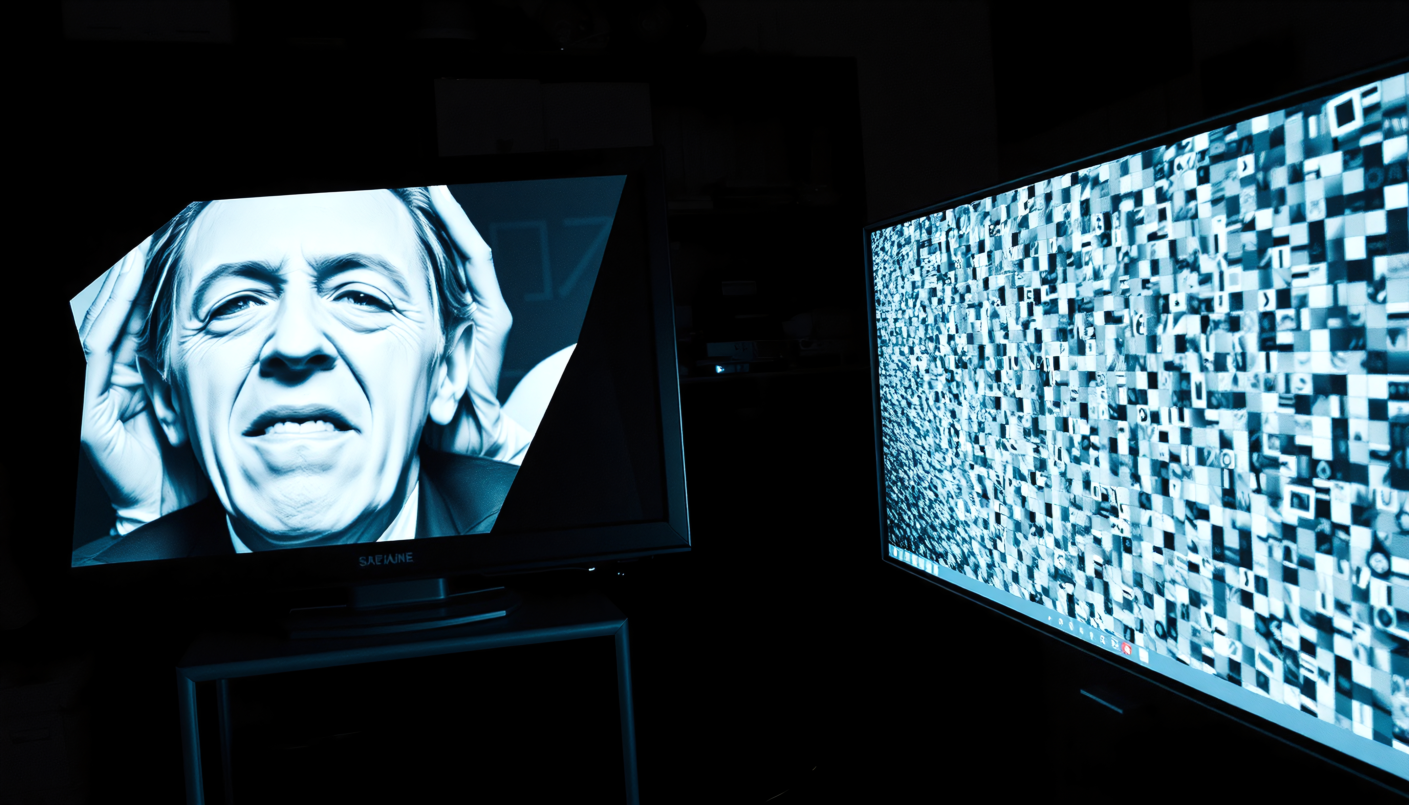 Dual Monitors in Dark Room with Surveillance and Media Content