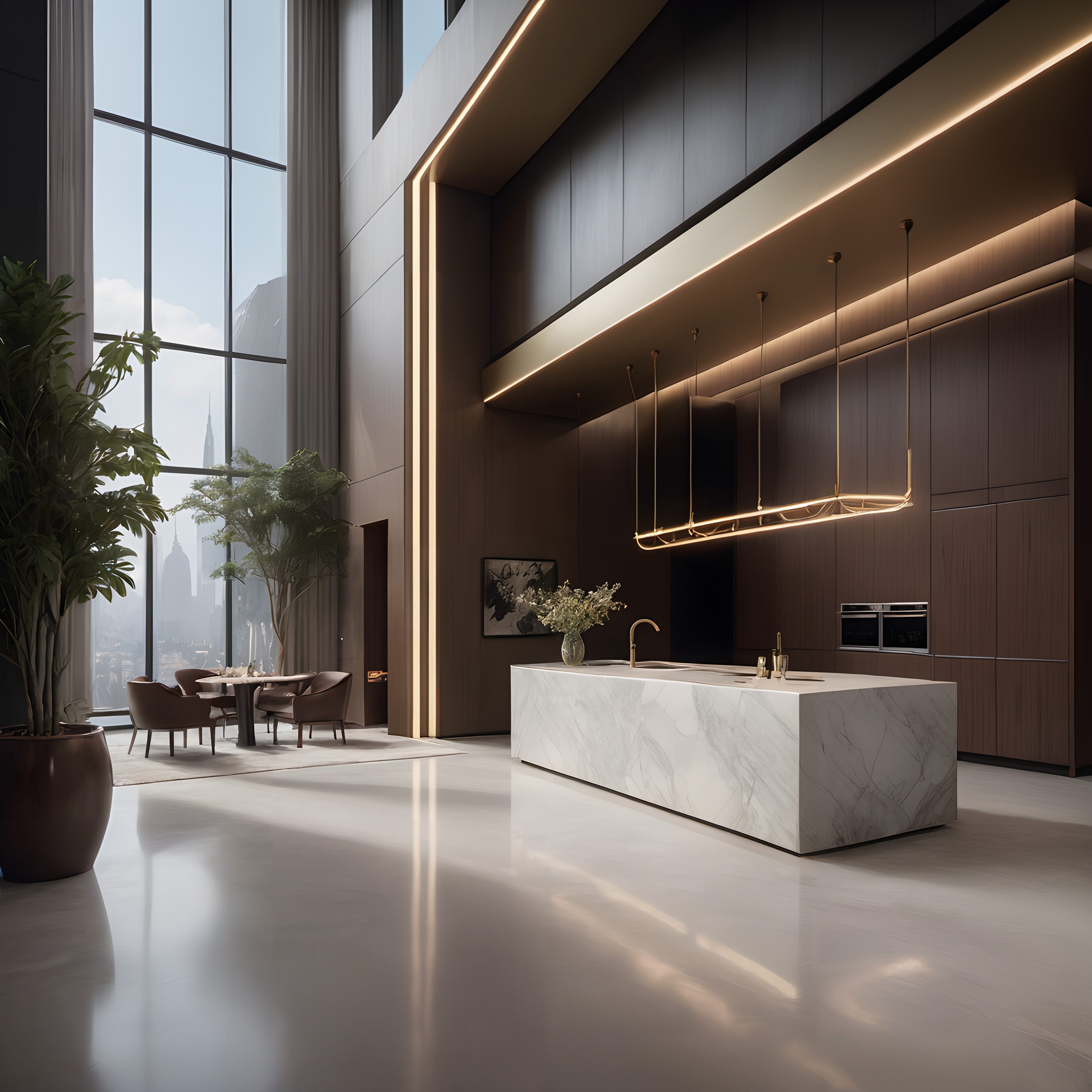 Modern luxury kitchen with city view, marble island.
