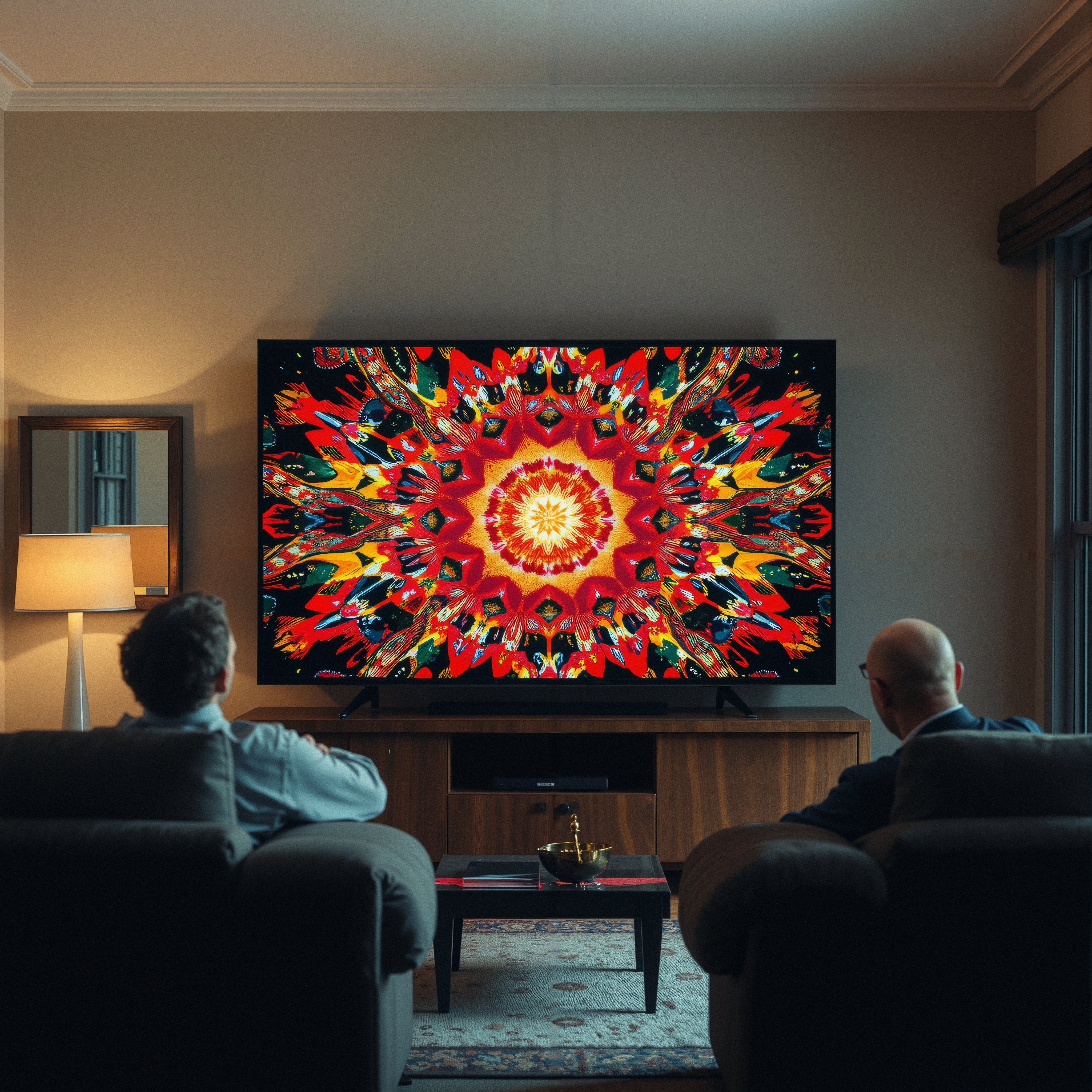 Two people watching vibrant mandala pattern on TV.