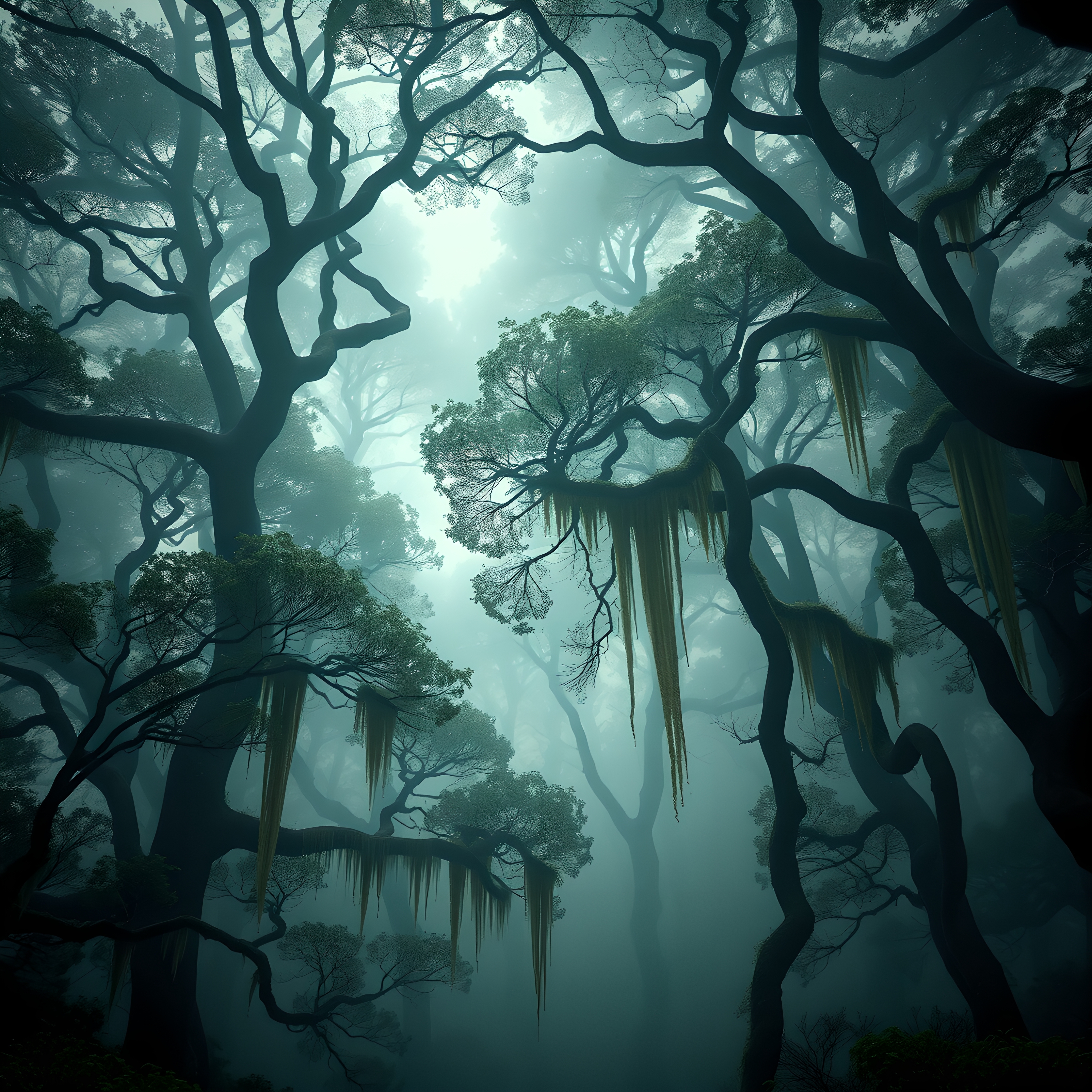 Misty forest with towering trees, moss-covered branches, and a mystical atmosphere enveloped in fog.