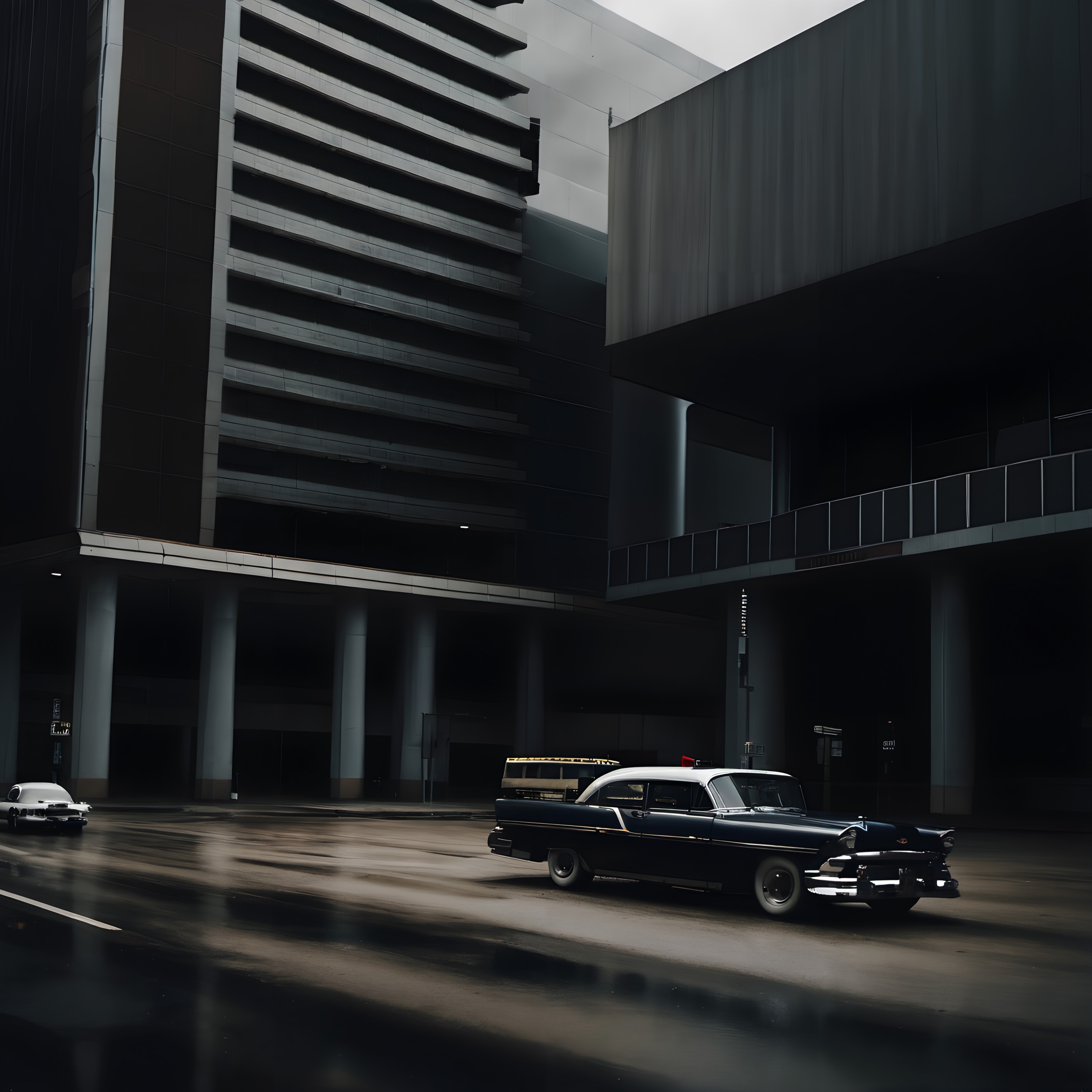 A classic car on a rainy city street, flanked by modern buildings, creating a timeless urban scene.
