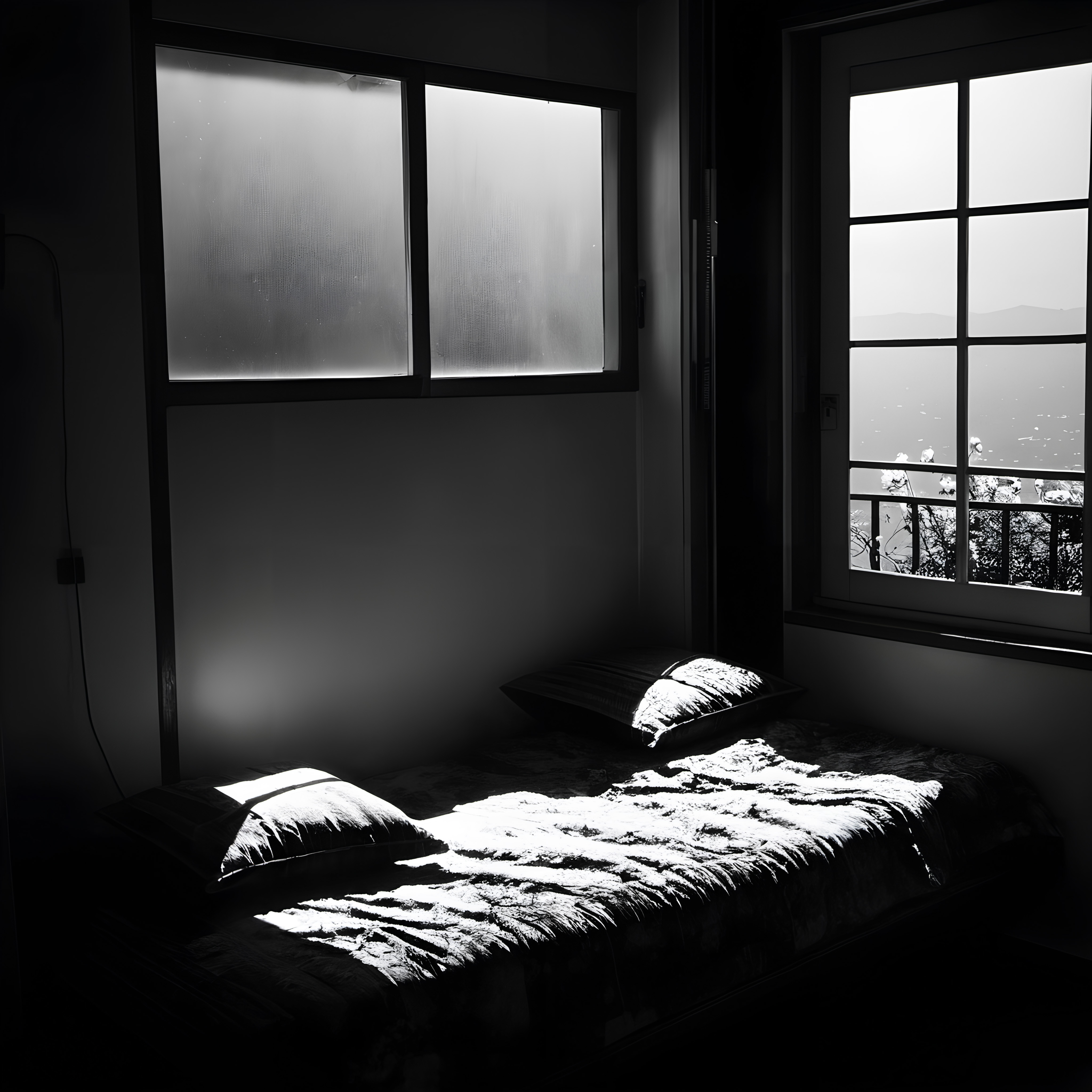 Monochrome Bedroom with Sunlit Bed and Window Views