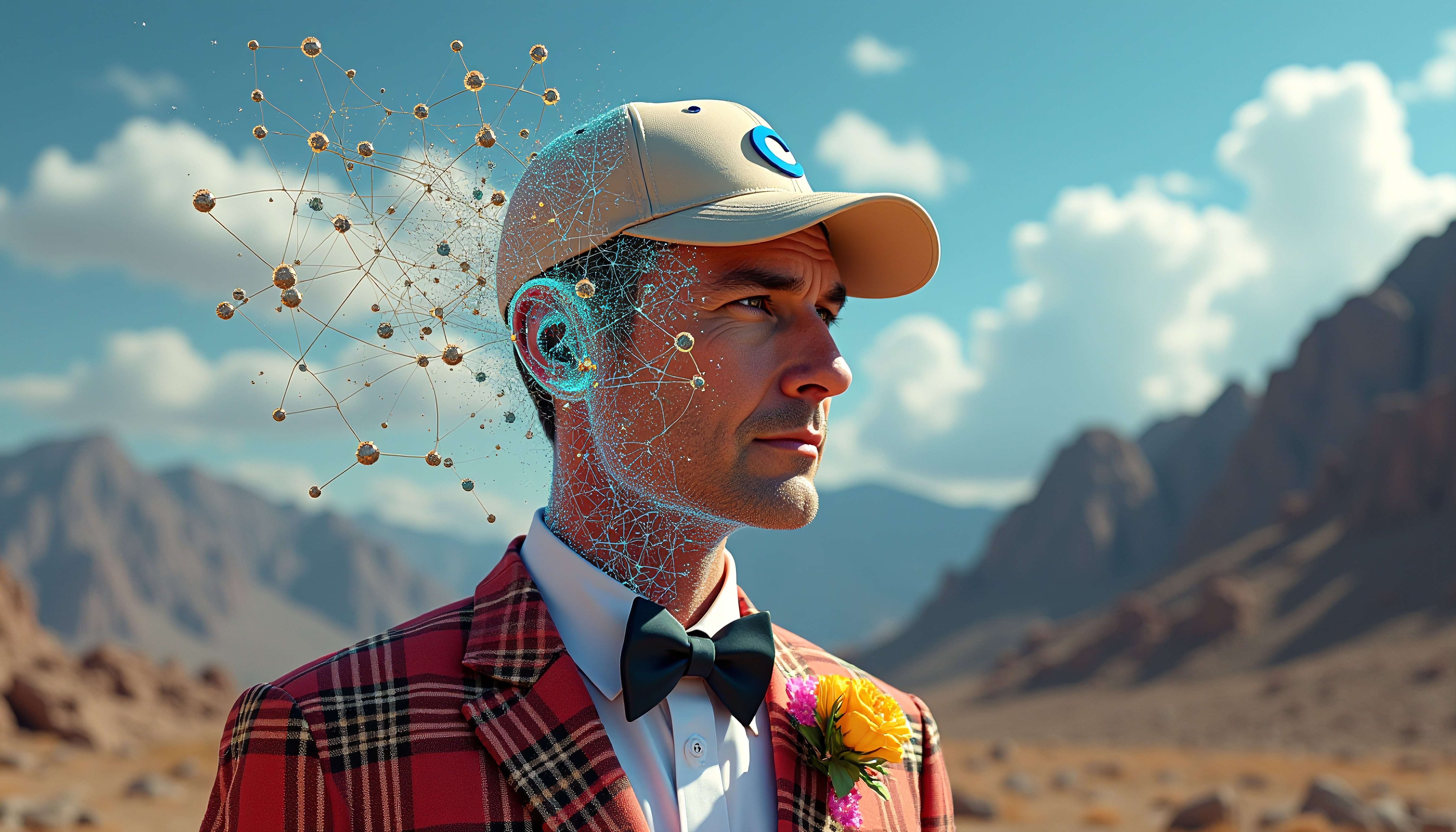 A man in a plaid suit with a digital network emanating from his head, set against a desert landscape.