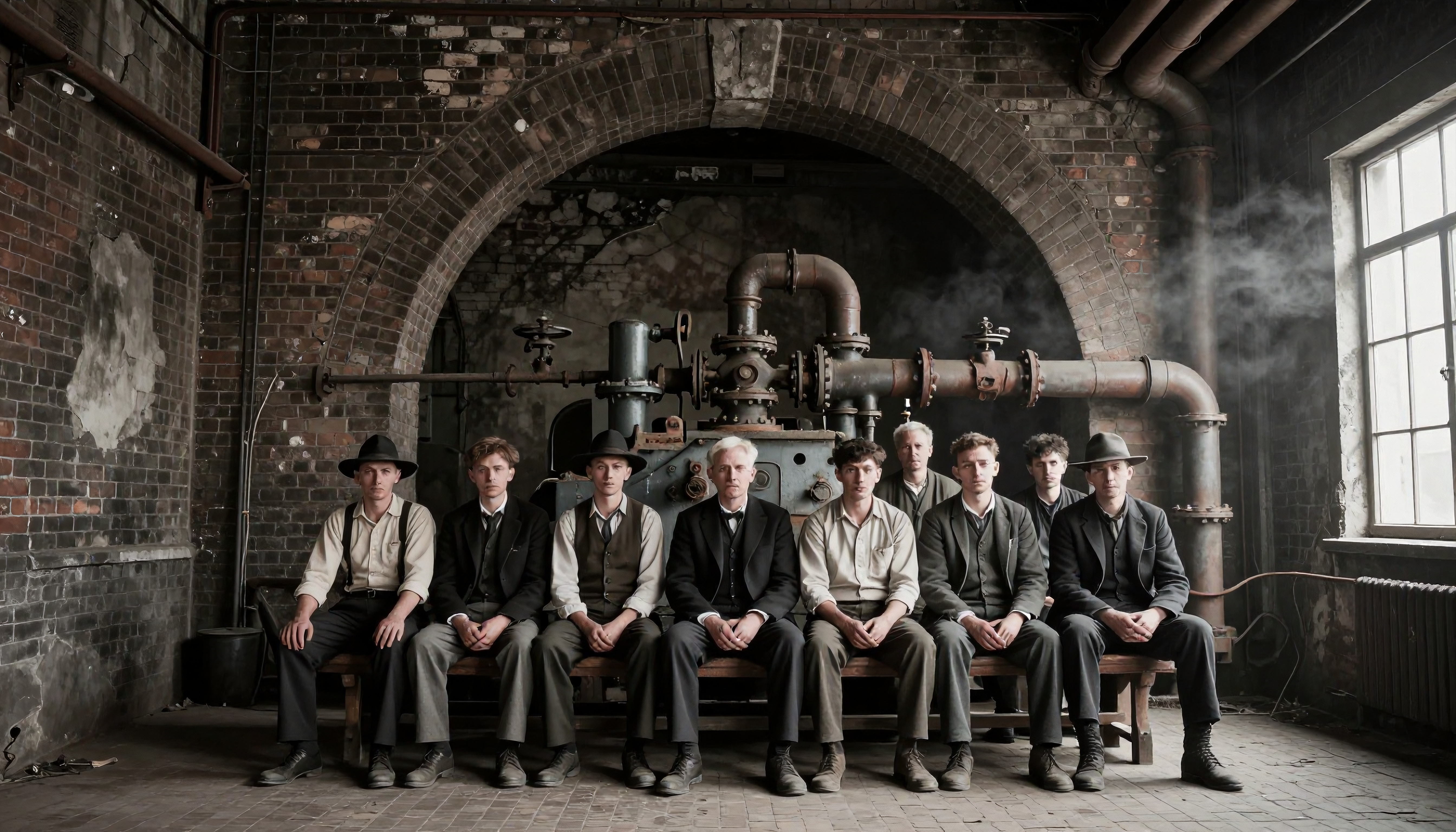 A group of men in vintage clothing seated in an industrial setting with machinery and brickwork backdrop.