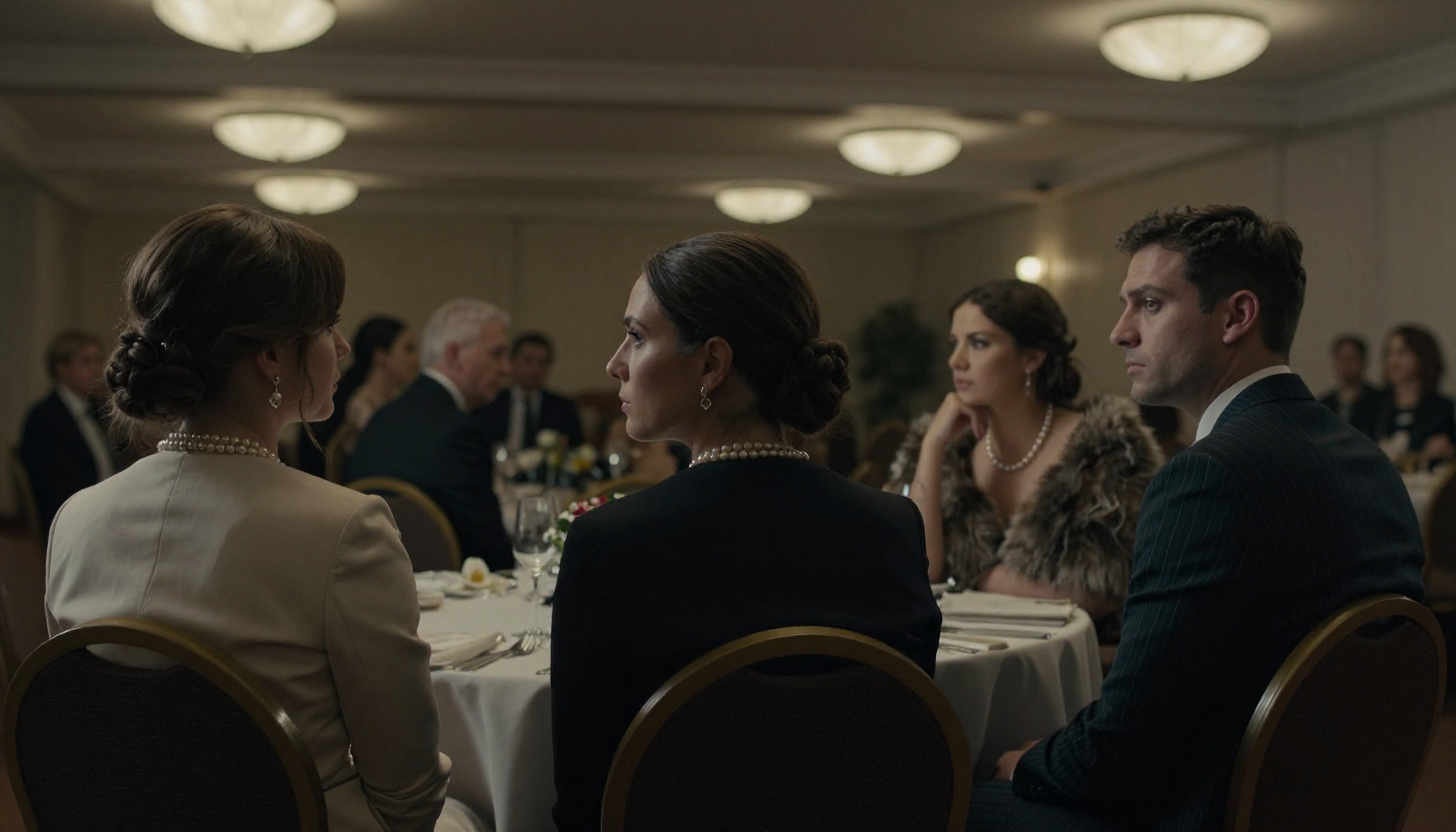 Formal dinner event with guests in elegant attire seated at round tables