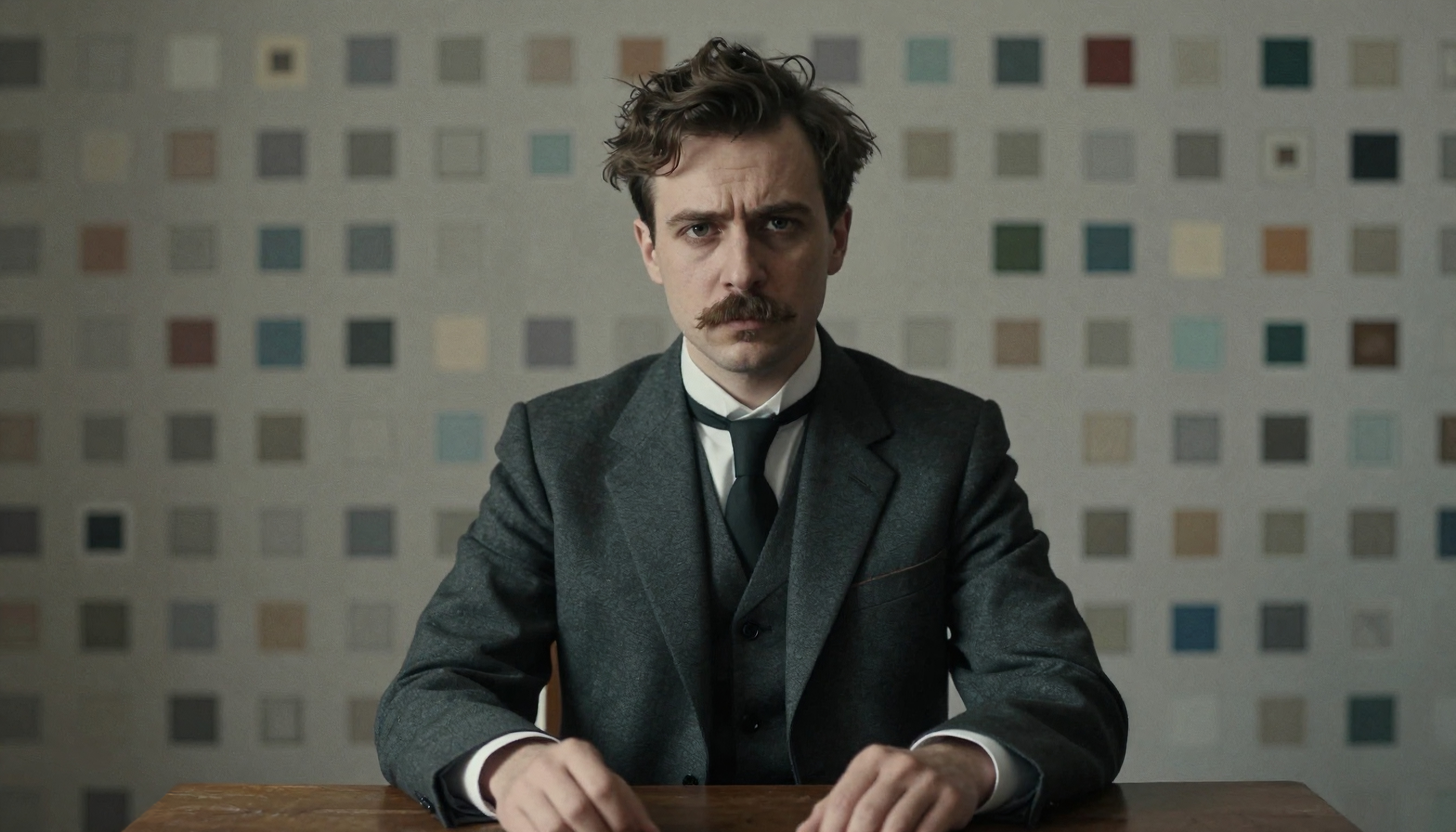 A man in a formal suit sits at a table against a colorful square-patterned wall.