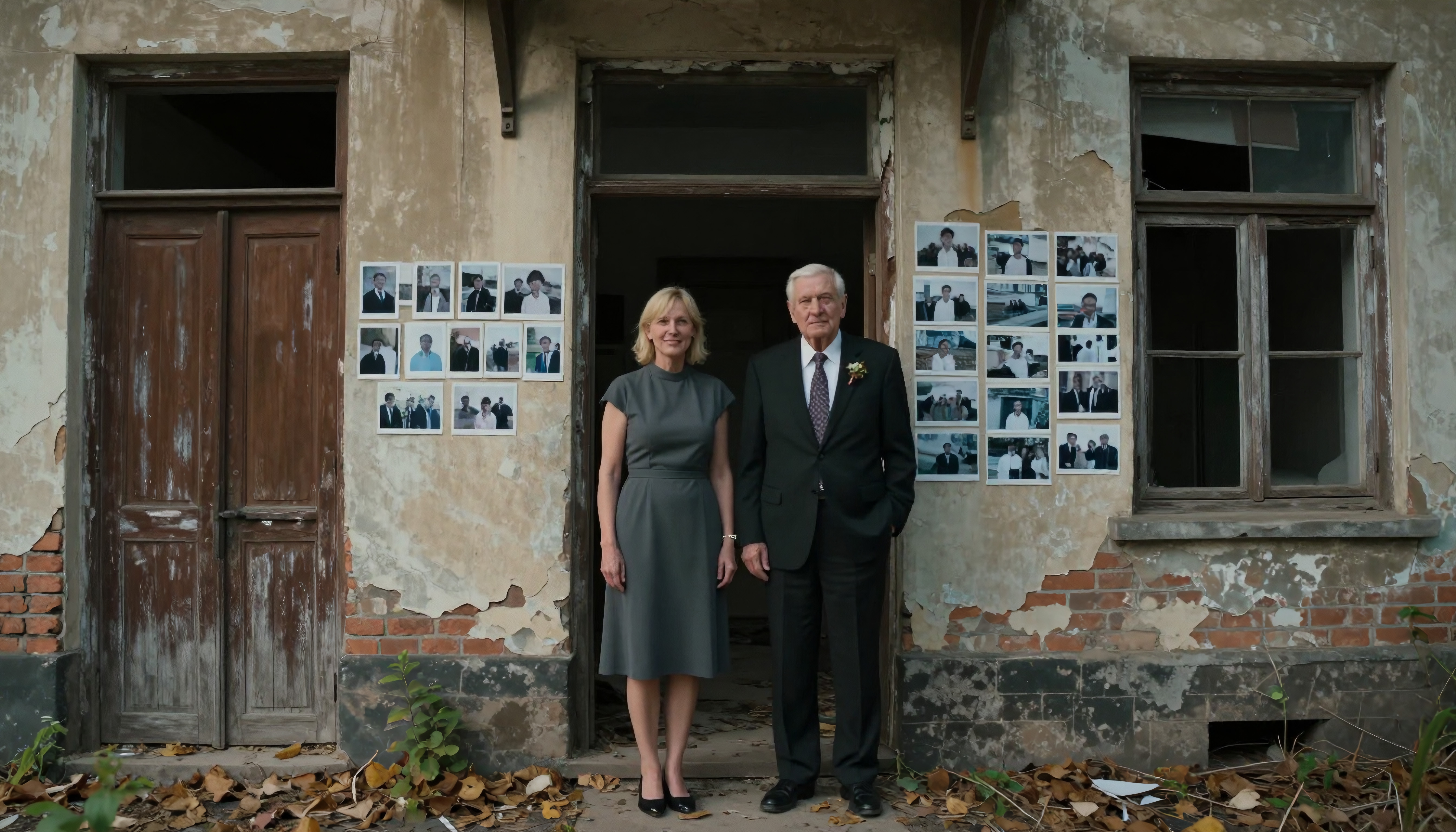 A woman and man in formal attire stand in a weathered doorway surrounded by family photos on peeling walls.