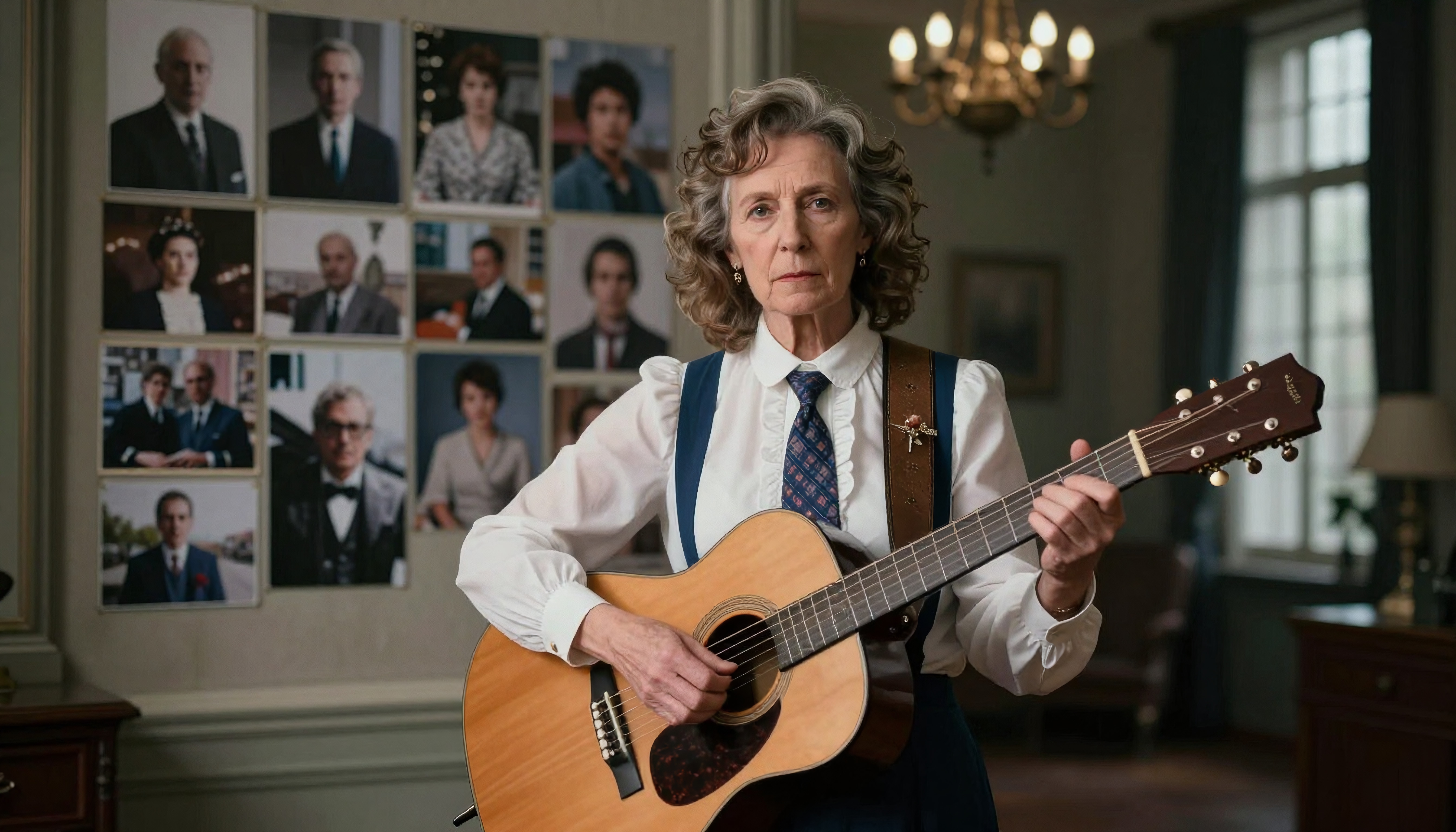 Elderly woman holding guitar in room with portrait gallery.