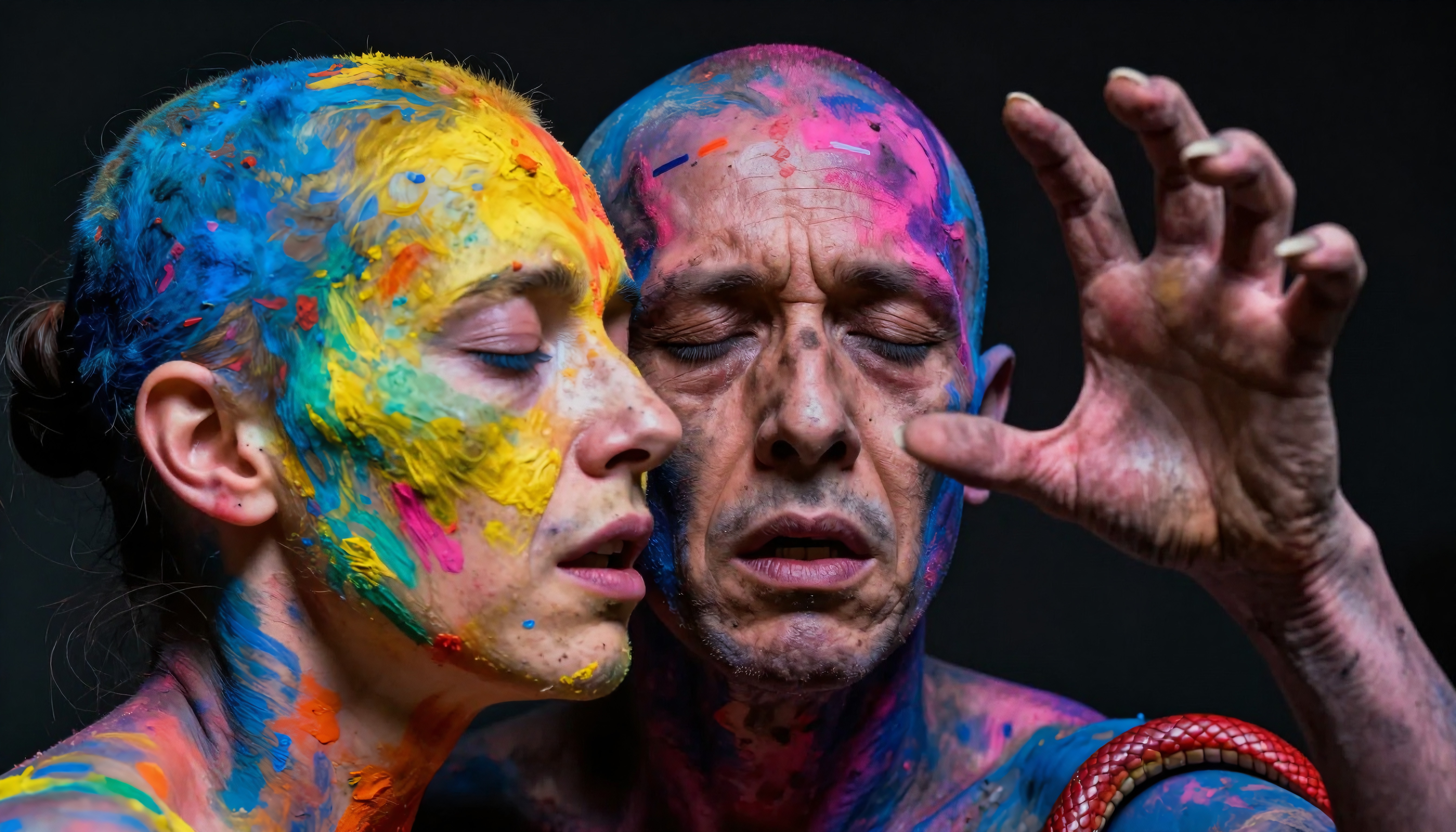Colorful painted faces express emotion through vibrant art.