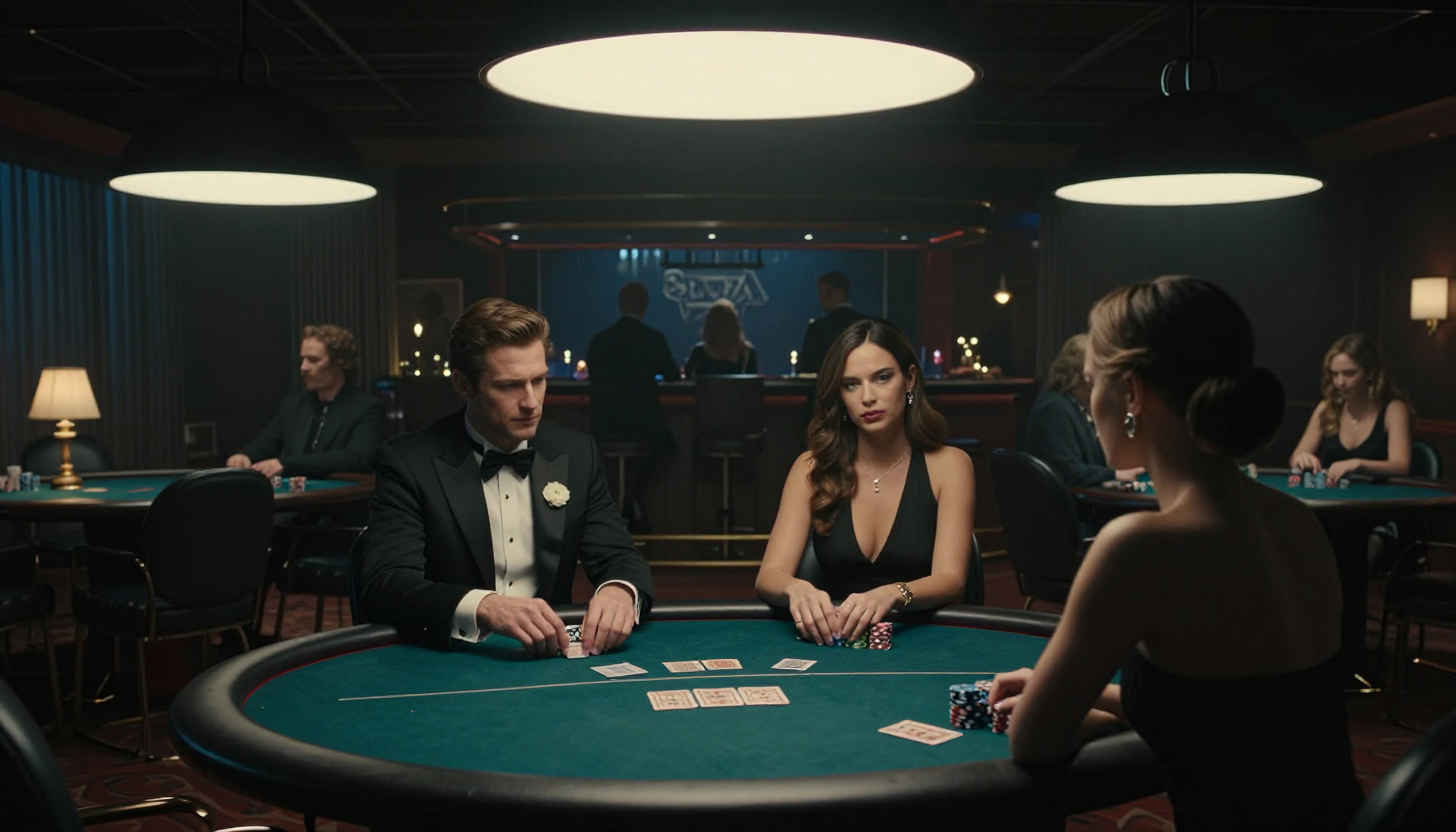 A poker game in a luxurious casino with elegantly dressed players gathered around a table, exuding a sophisticated and competitive atmosphere.