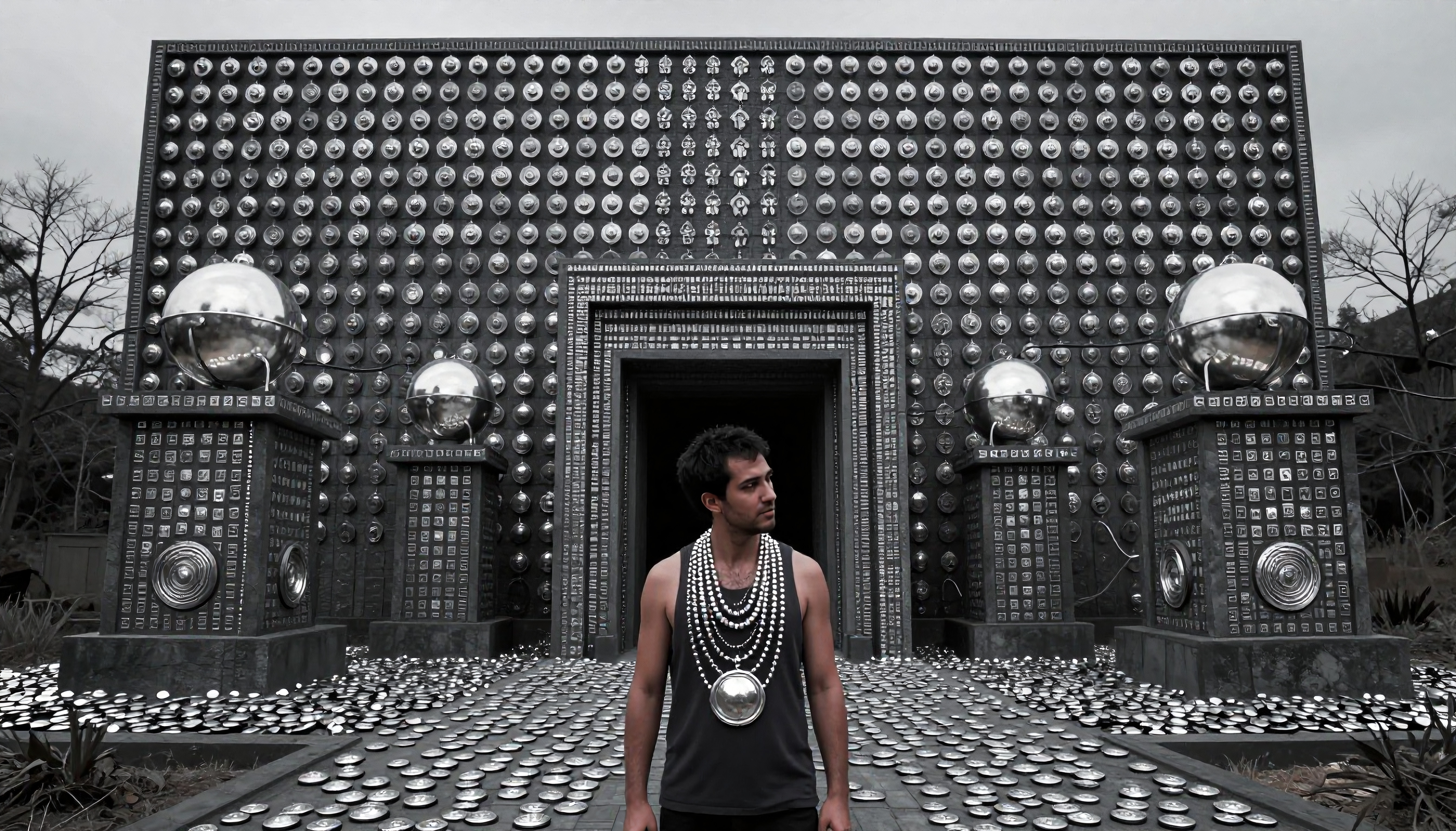Man standing by sculptural structure with reflective discs, adorned in matching necklace under overcast sky.