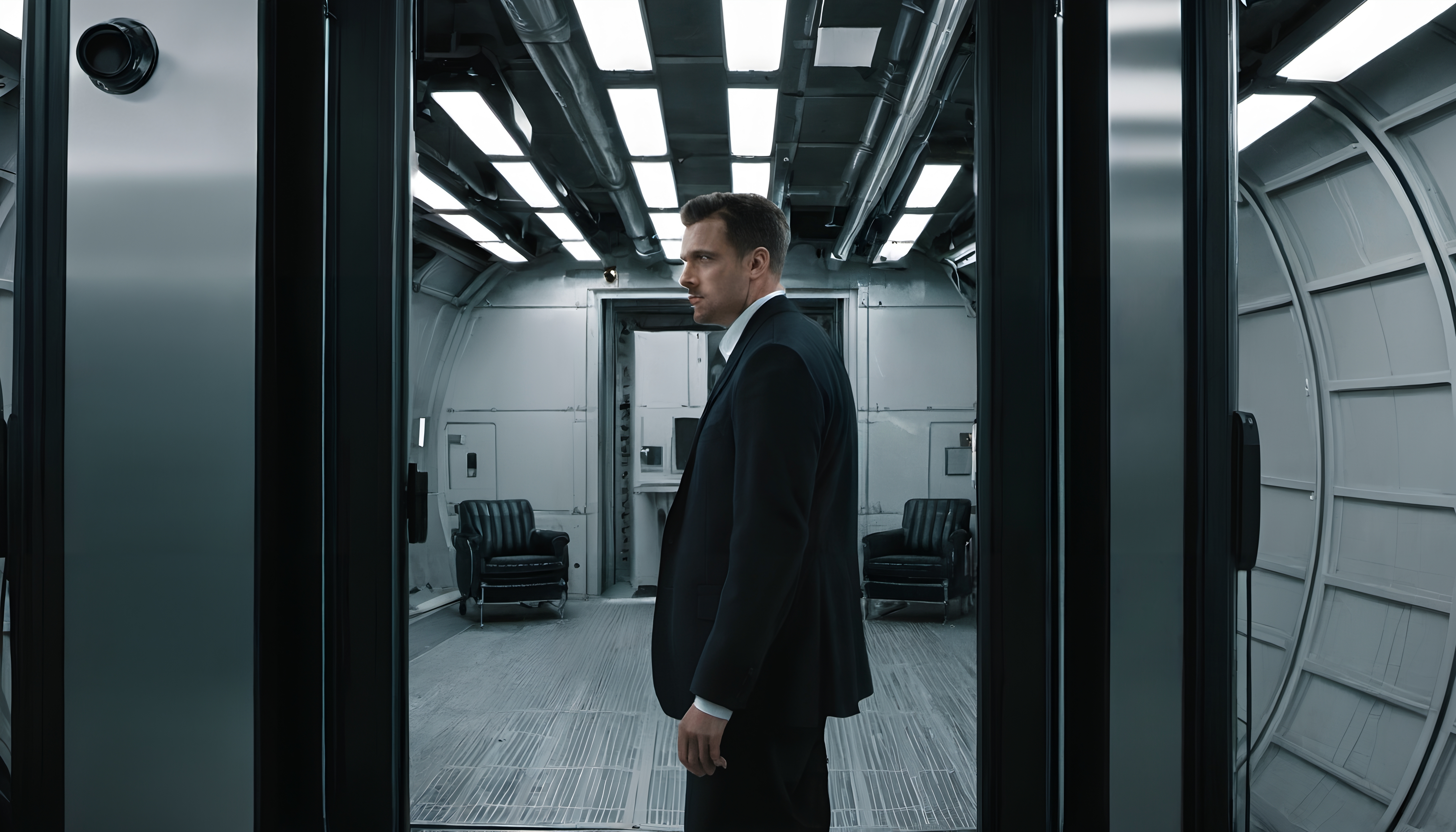 Futuristic Businessman in Modern Hallway