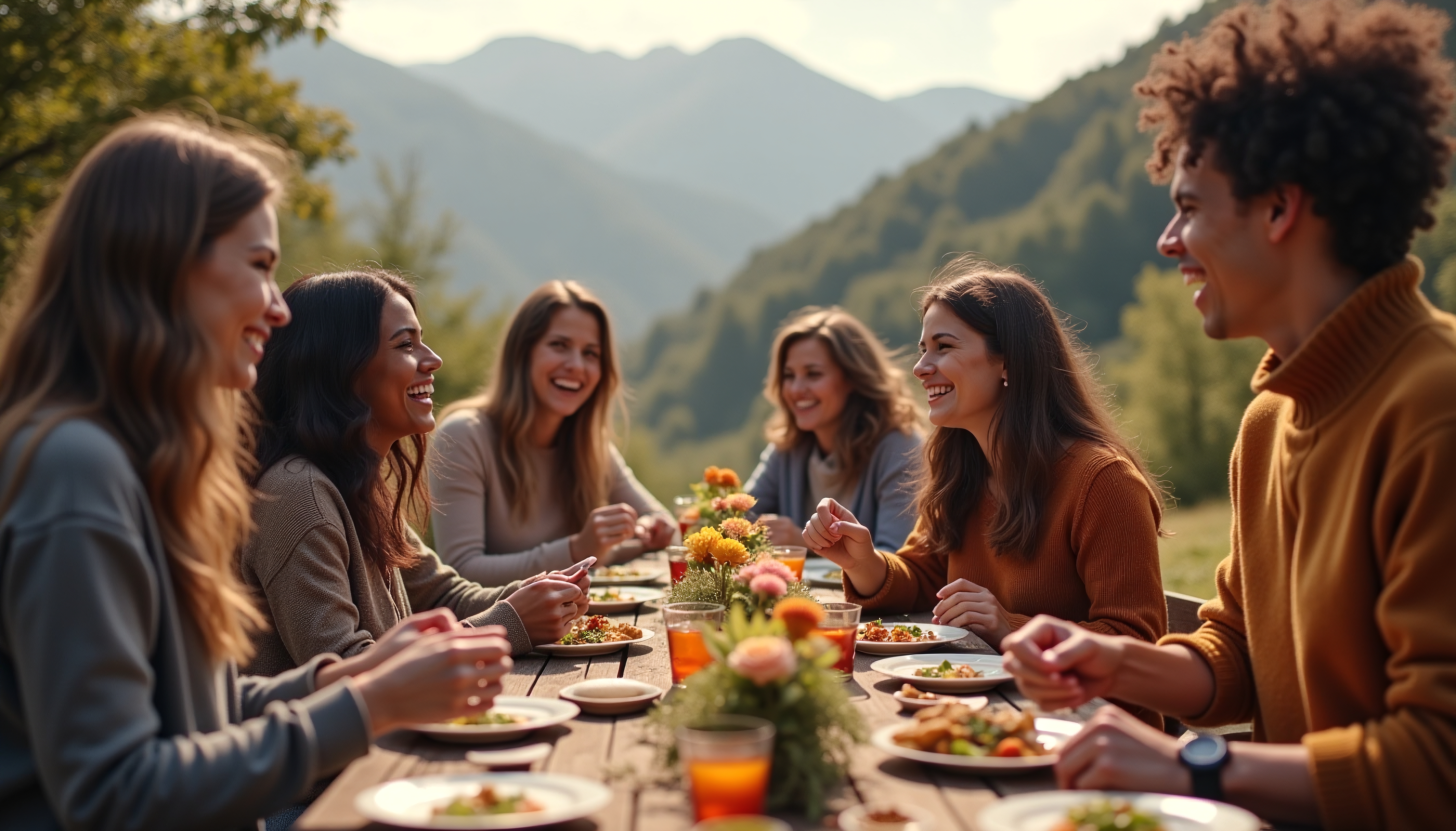 A group of friends enjoying a meal outdoors with mountains in the background.