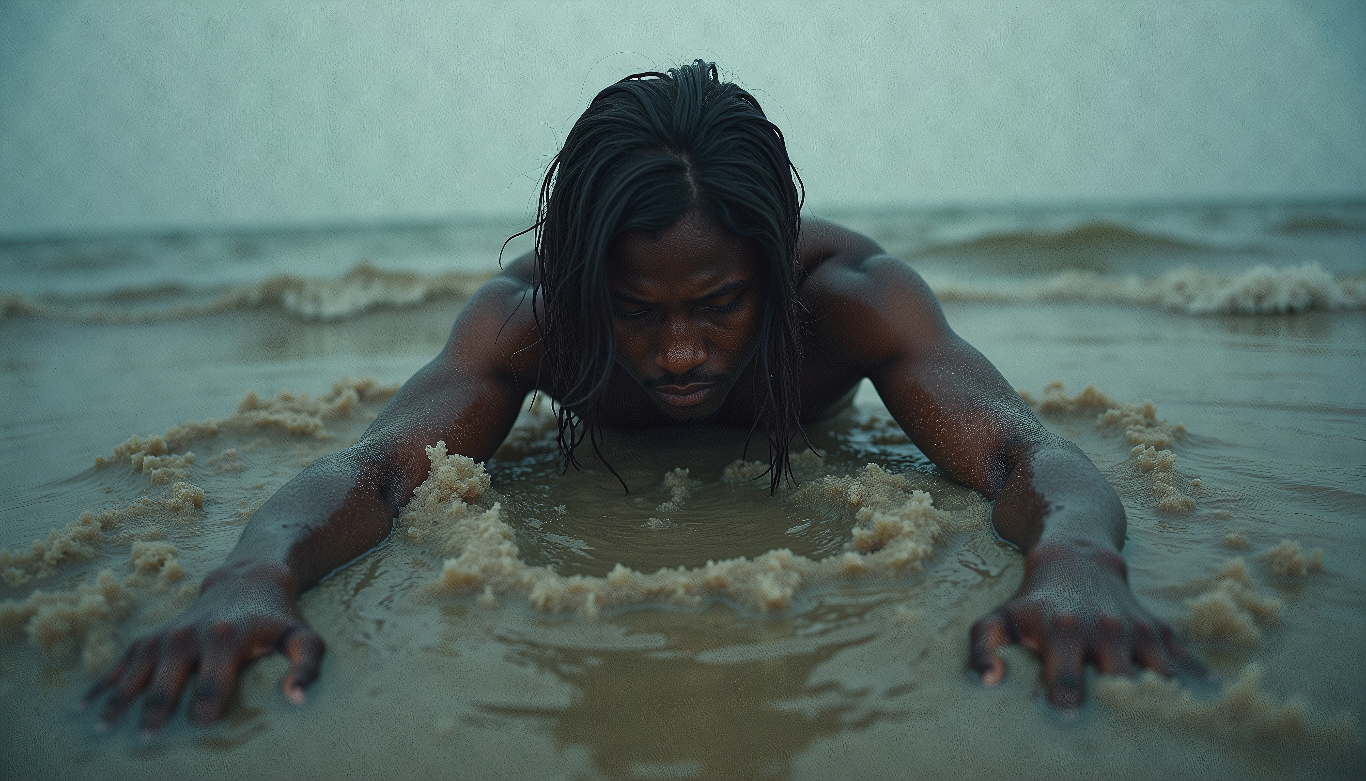 A serene scene of a person lying peacefully on a beach with gentle ocean waves.