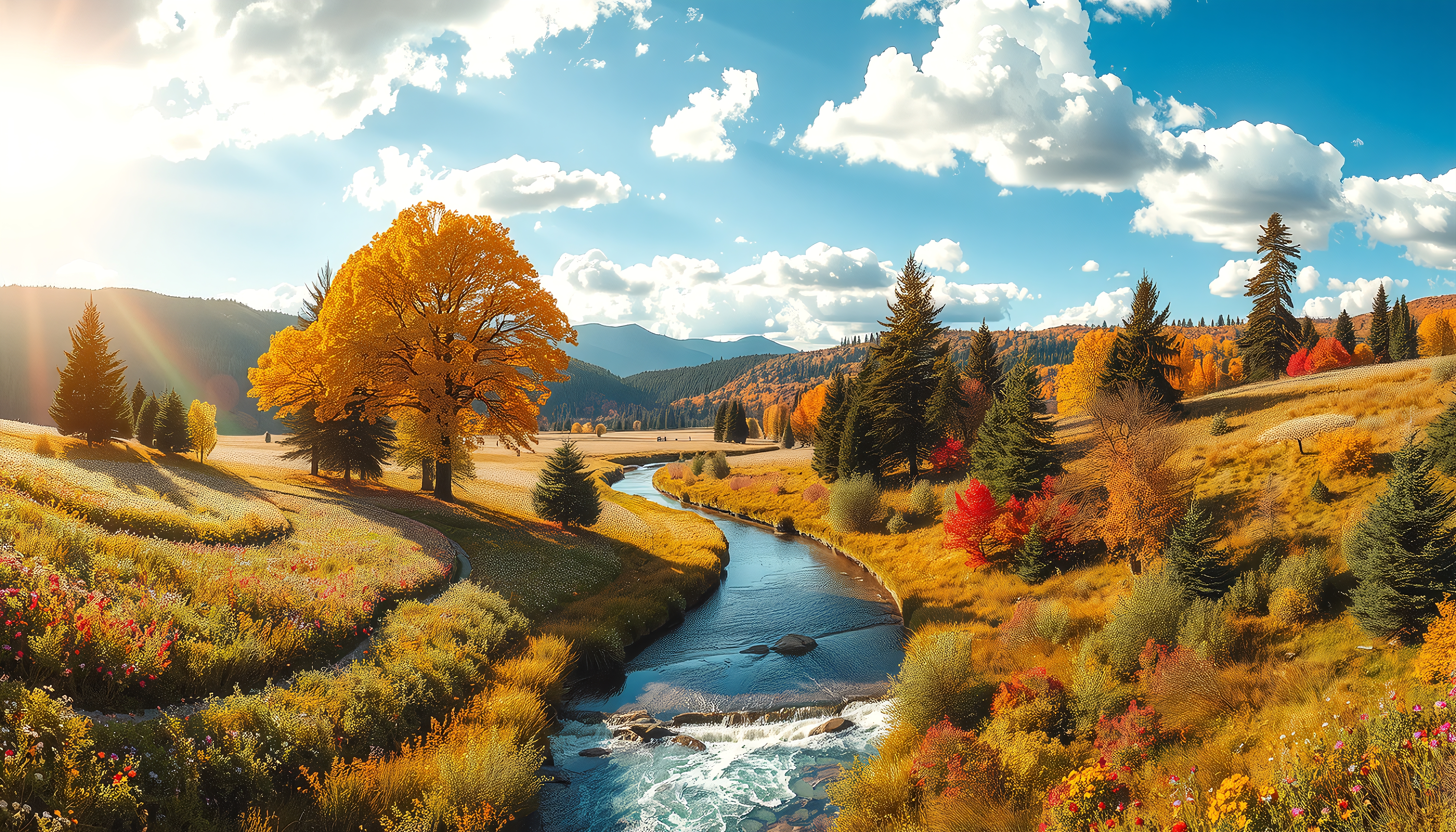 Vibrant Autumn River Landscape Scene