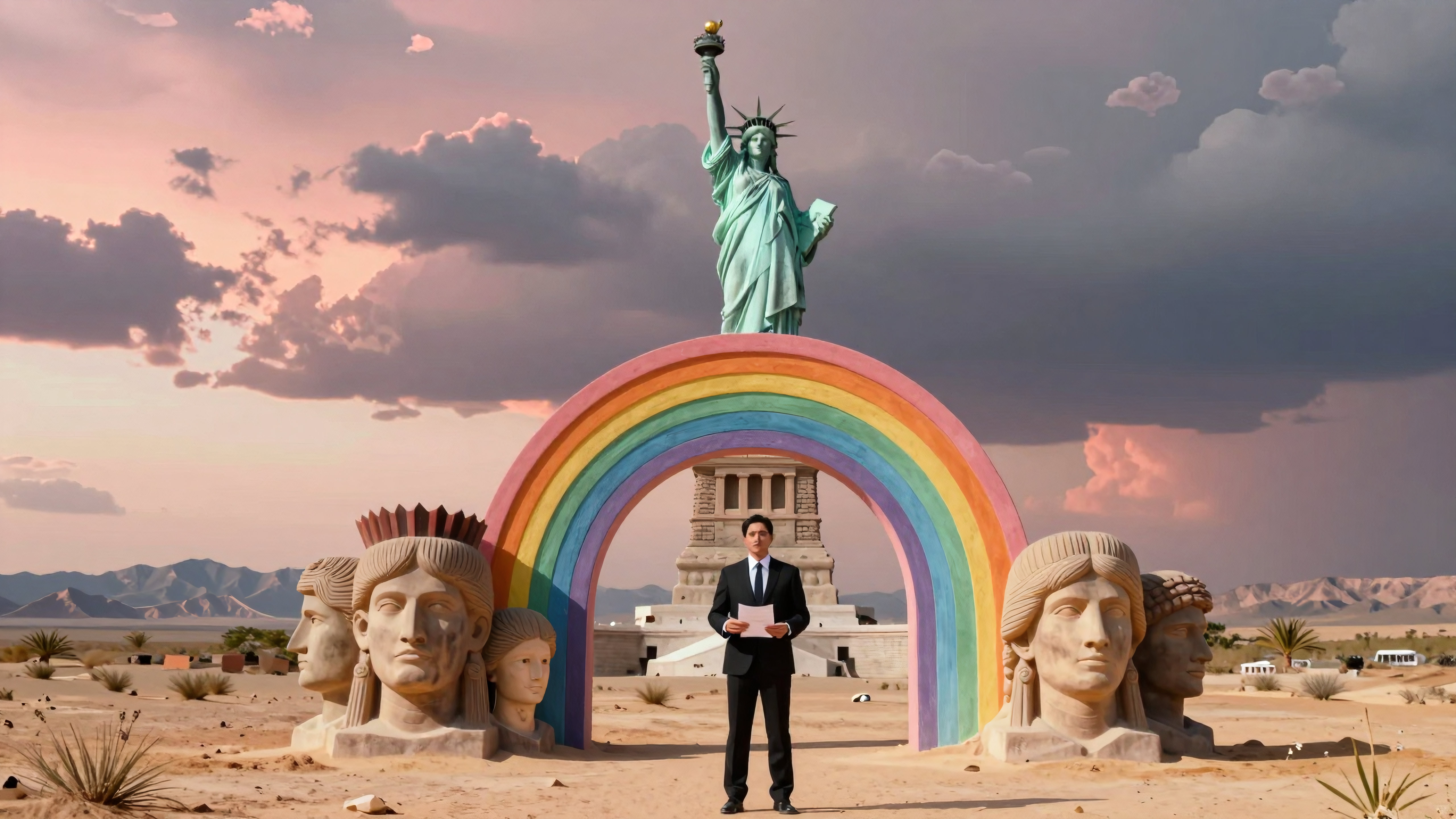 Man standing under rainbow arch with Statue of Liberty in surreal desert landscape