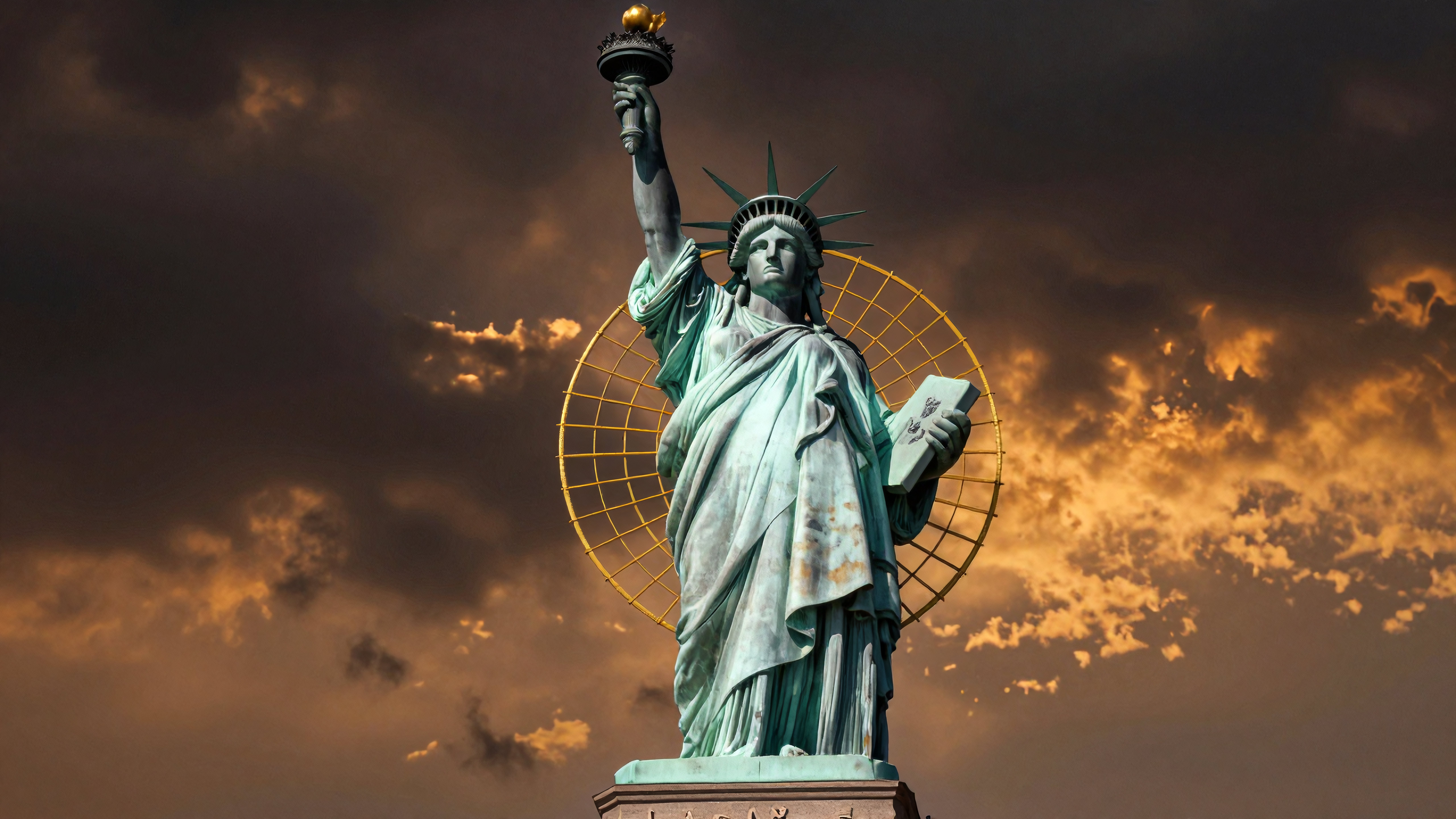 Statue of Liberty holding torch under dramatic golden sunset sky