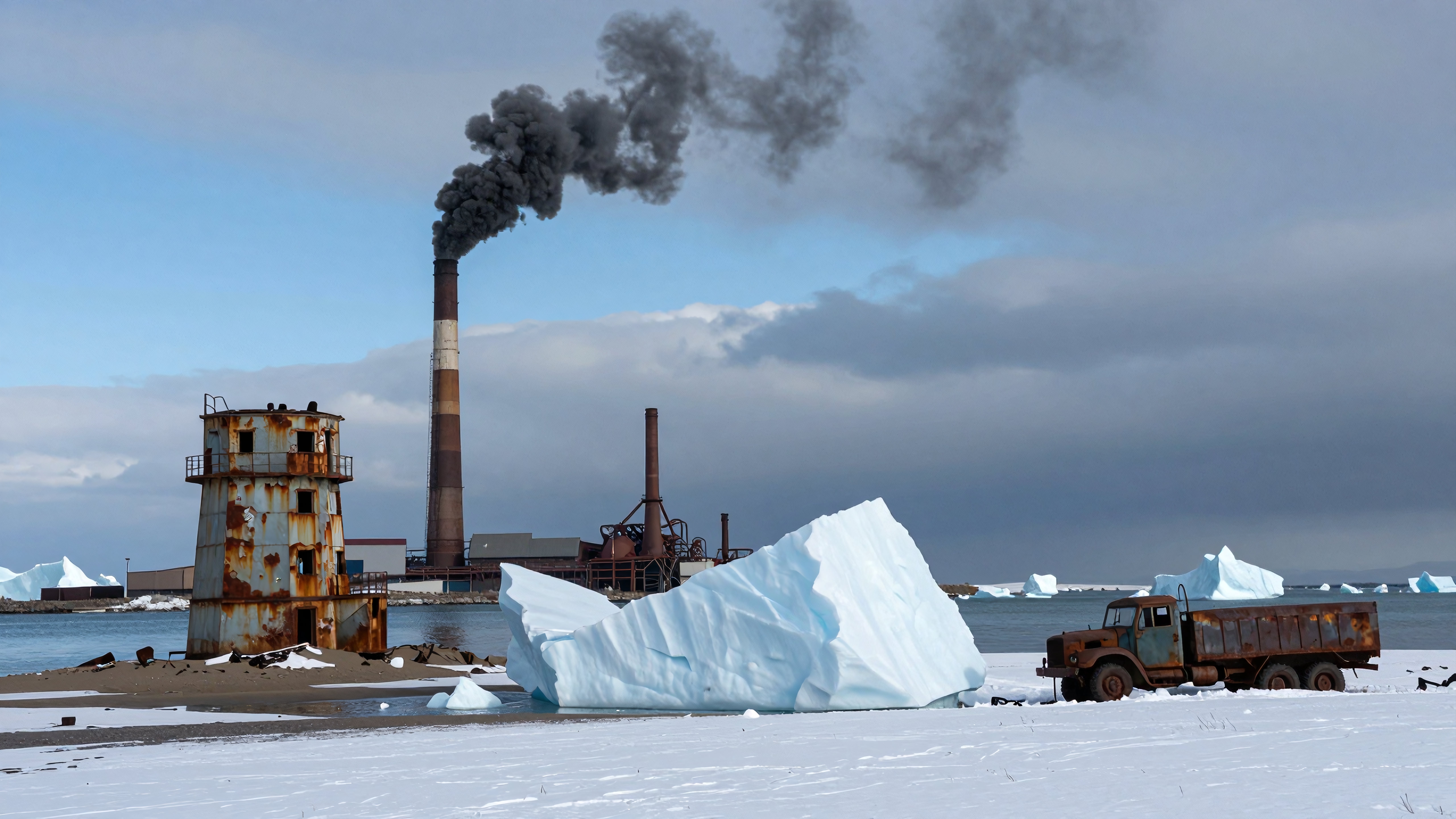 A rusted industrial site with large icebergs in the background under a cloudy sky, highlighting nature's beauty amid decay.