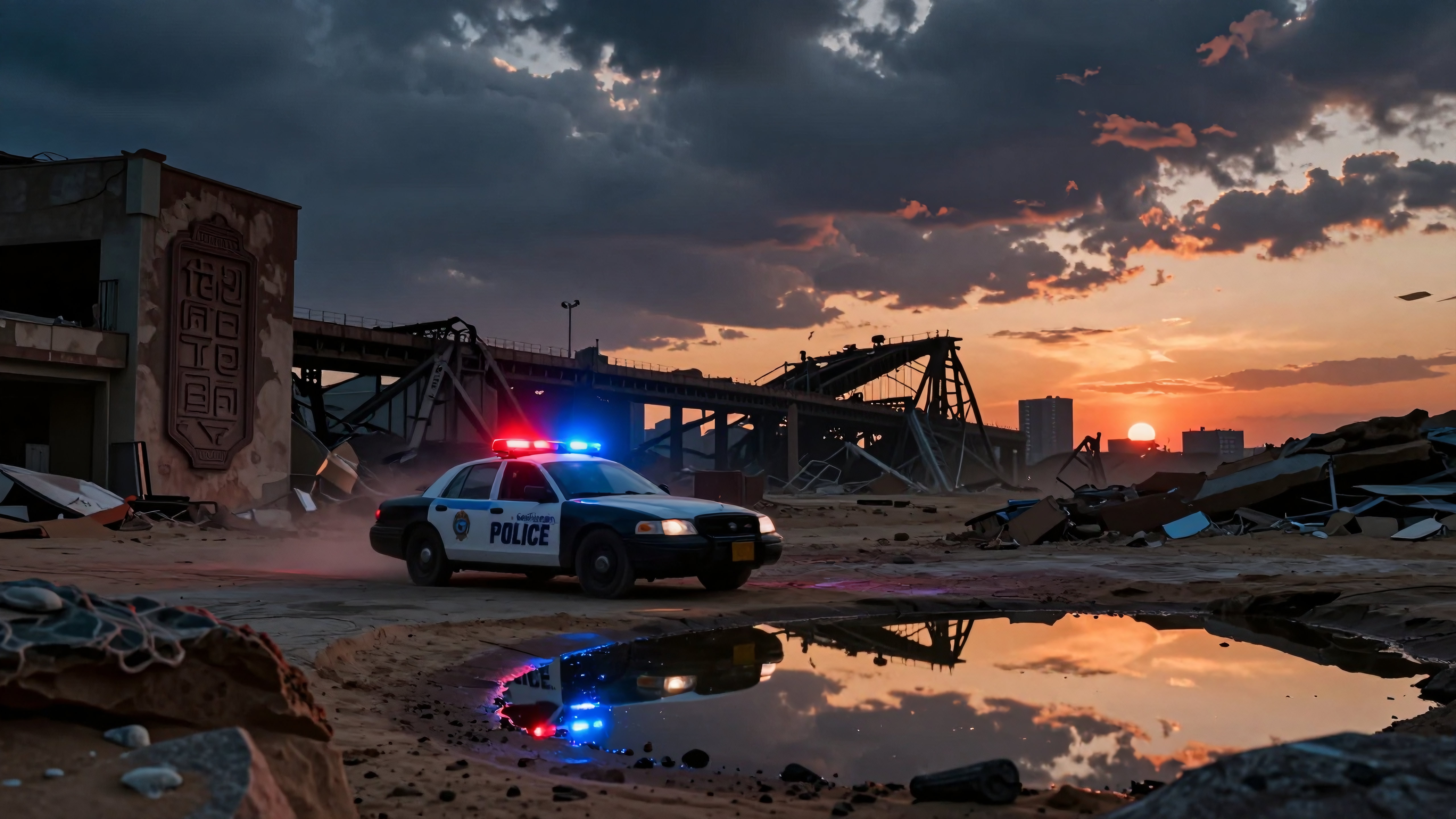 A police car moves through a desolate landscape at sunset with dramatic skies.