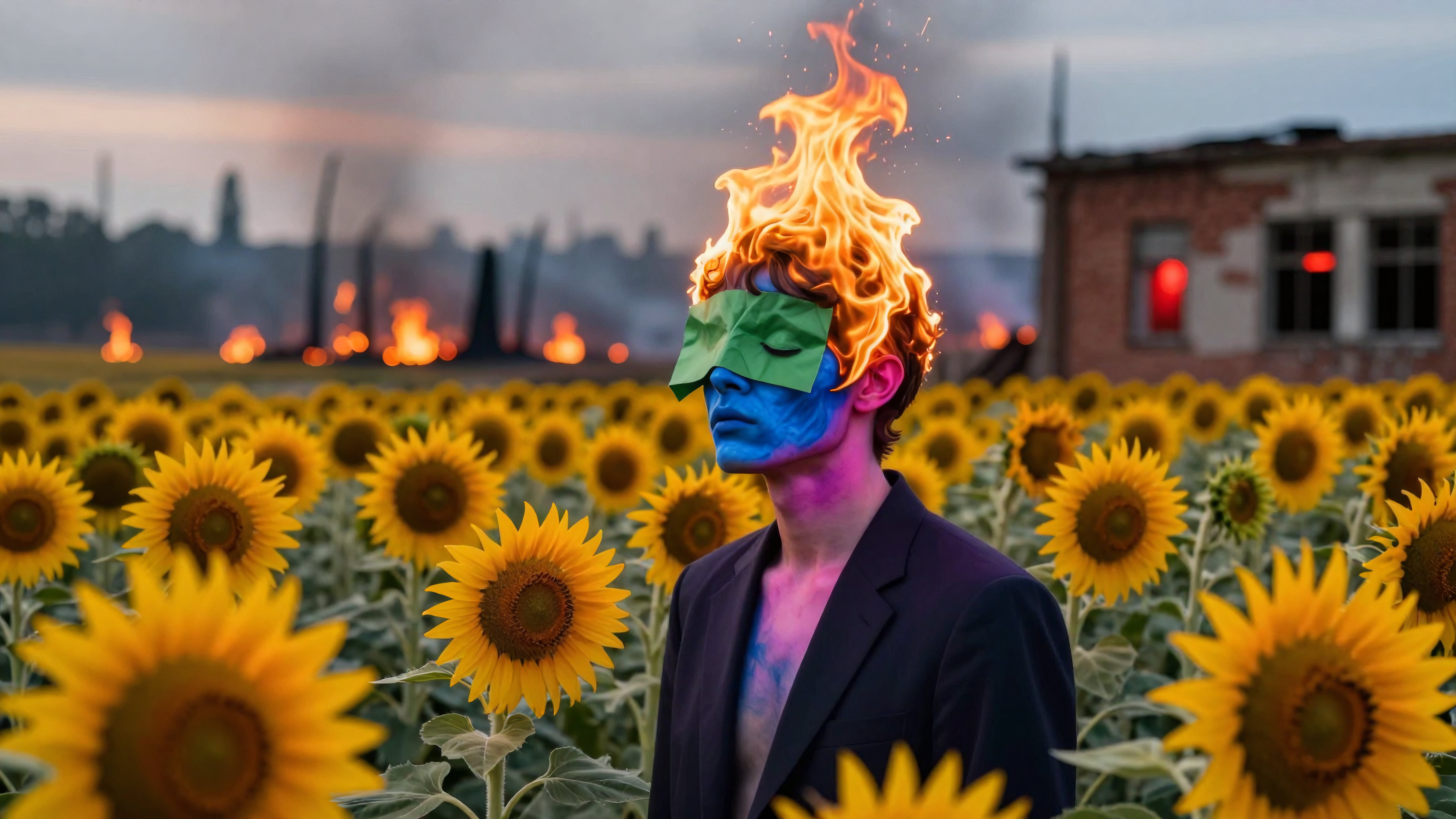 Man wearing green blindfold surrounded by sunflowers with flaming hair and dark industrial backdrop during sunset