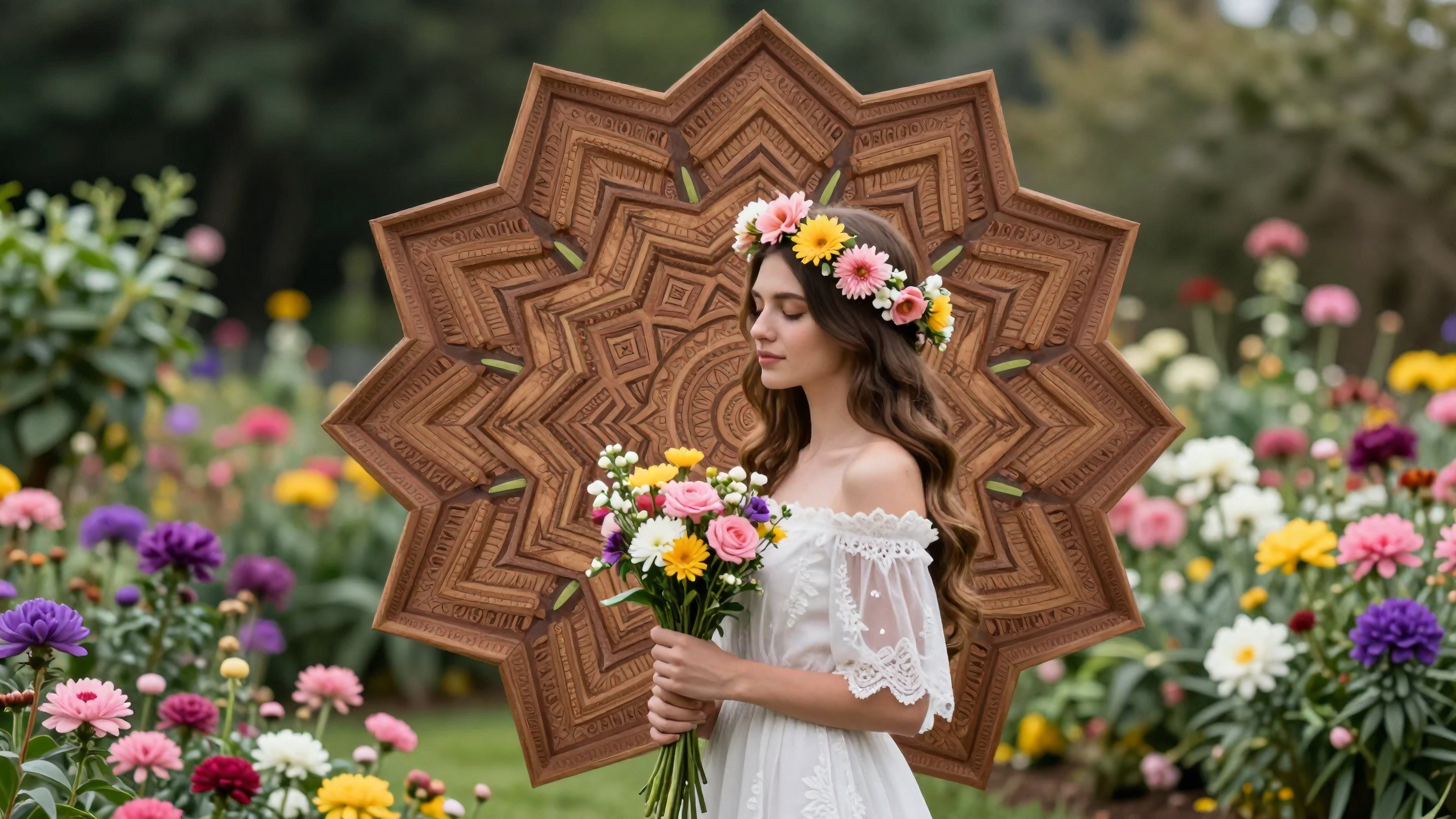 Woman in white dress holding bouquet standing in blooming garden surrounded by colorful flowers wearing floral crown with large decorative wooden star backdrop