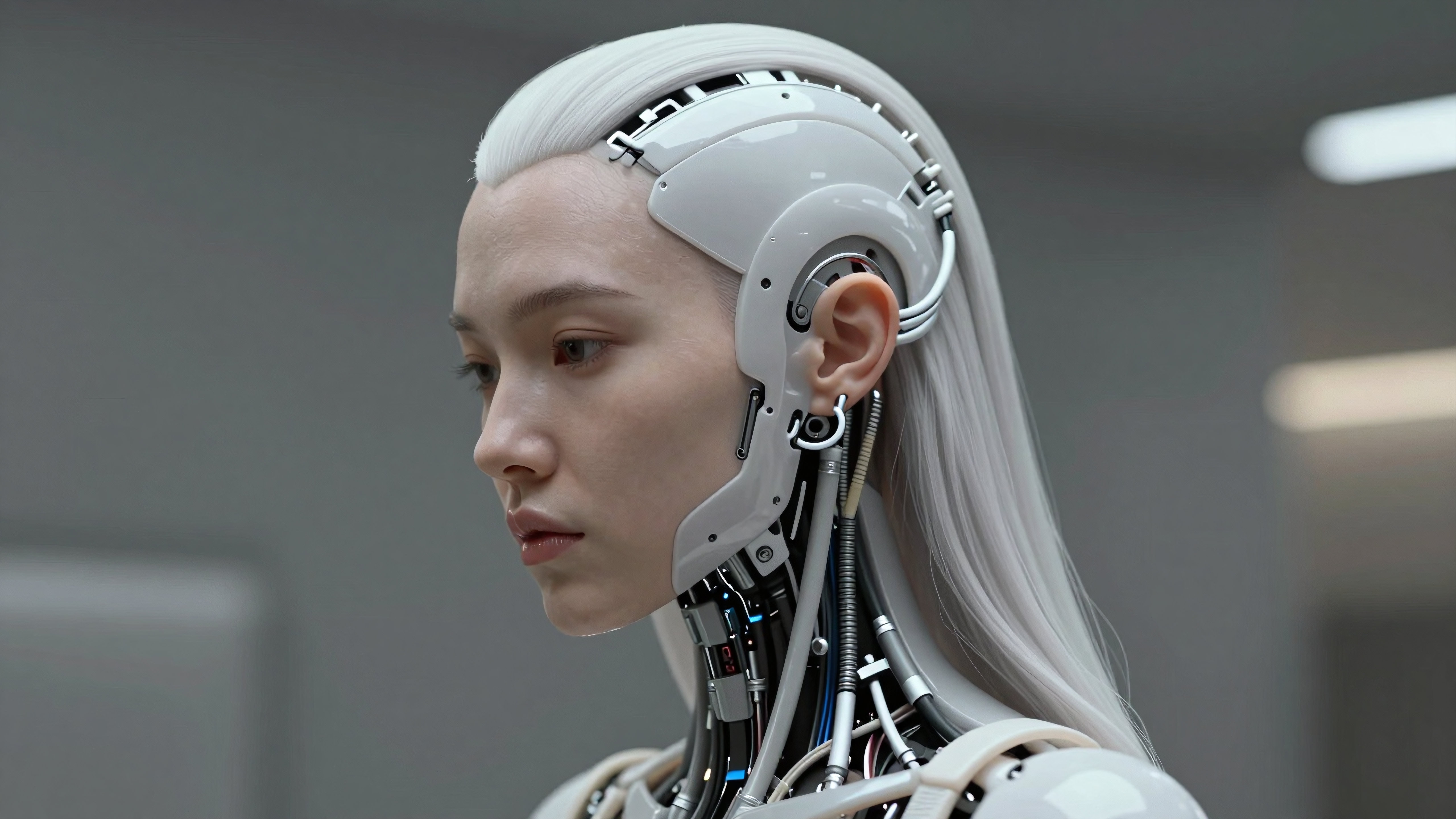 A sleek humanoid robot with detailed mechanical features and synthetic hair, portraying advanced AI technology.