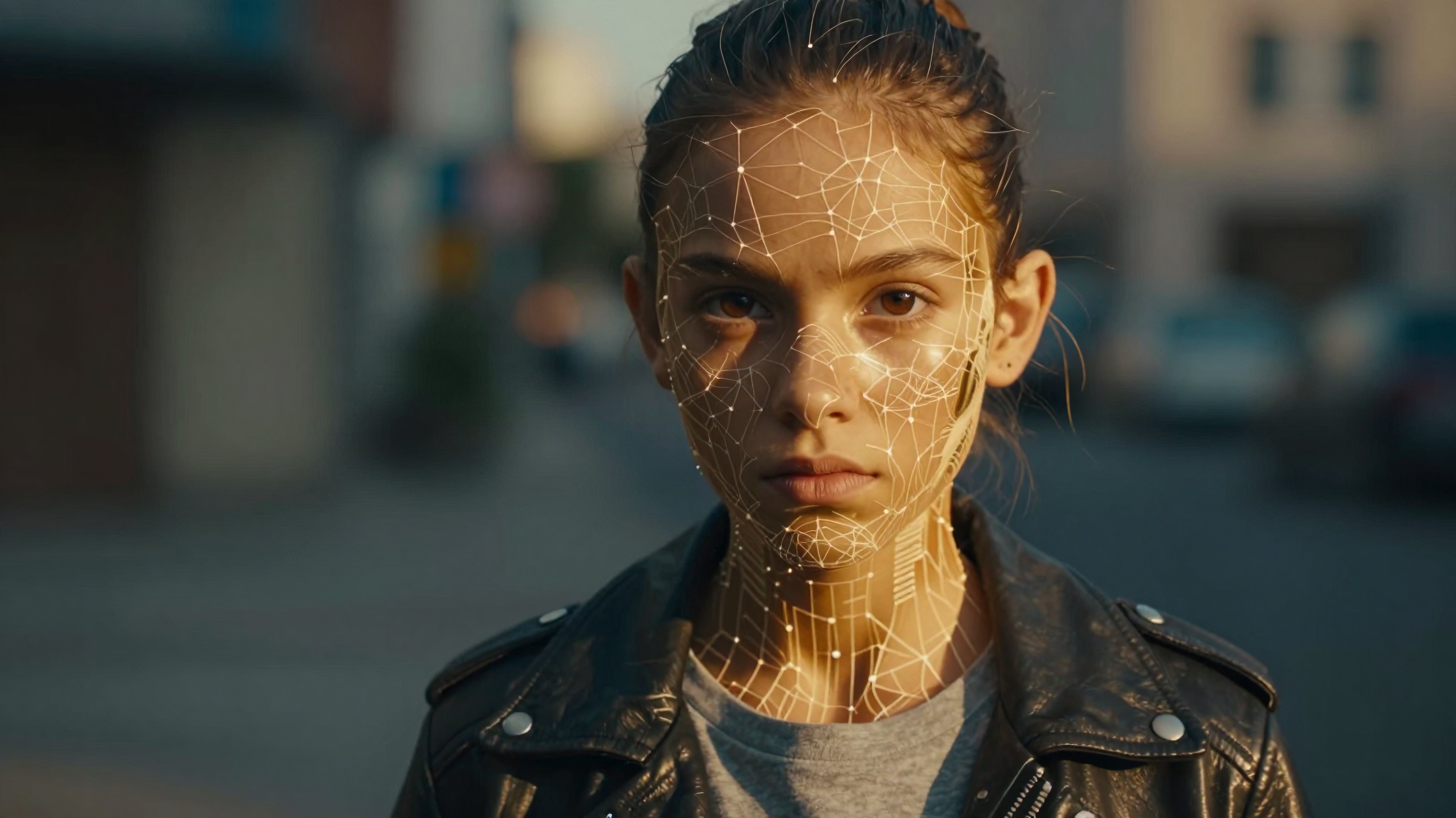 A young person with a digital facial recognition grid overlay on their face, set in an urban background.