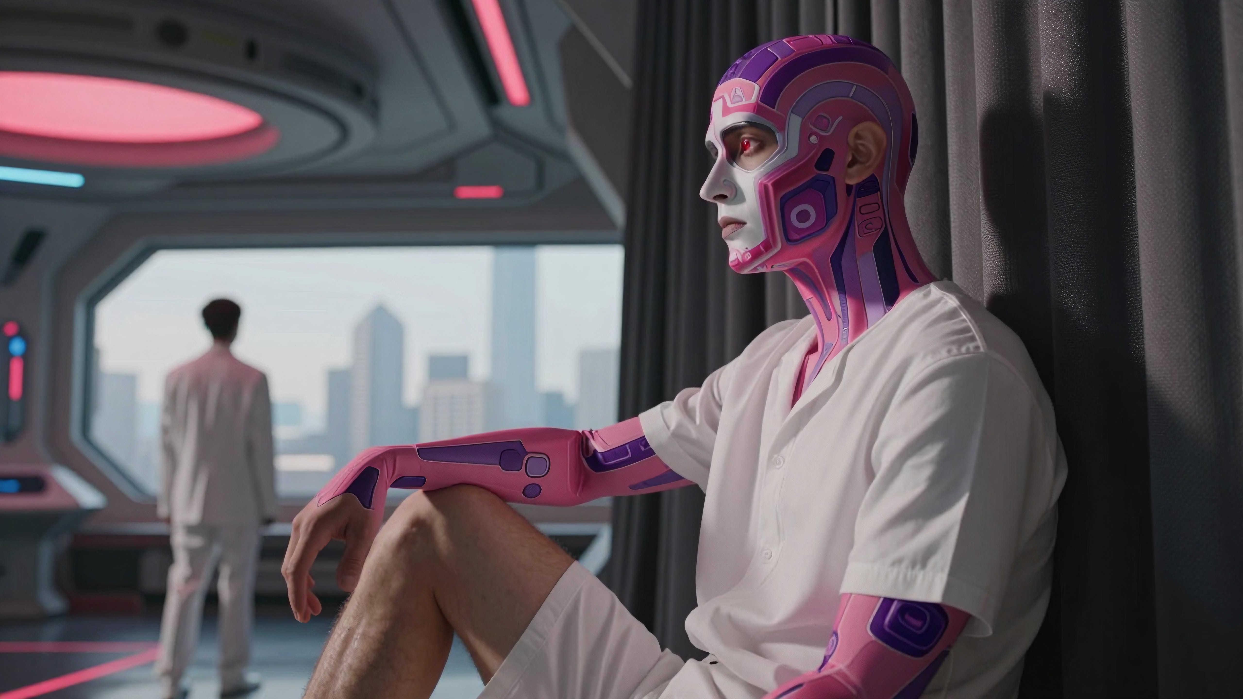 A vibrant humanoid with abstract designs sits by a window in a futuristic setting, evoking themes of technology and contemplation.