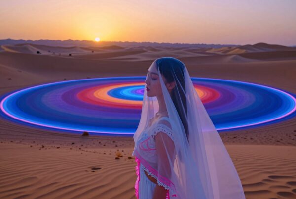 A serene woman in a desert with colorful light circles.