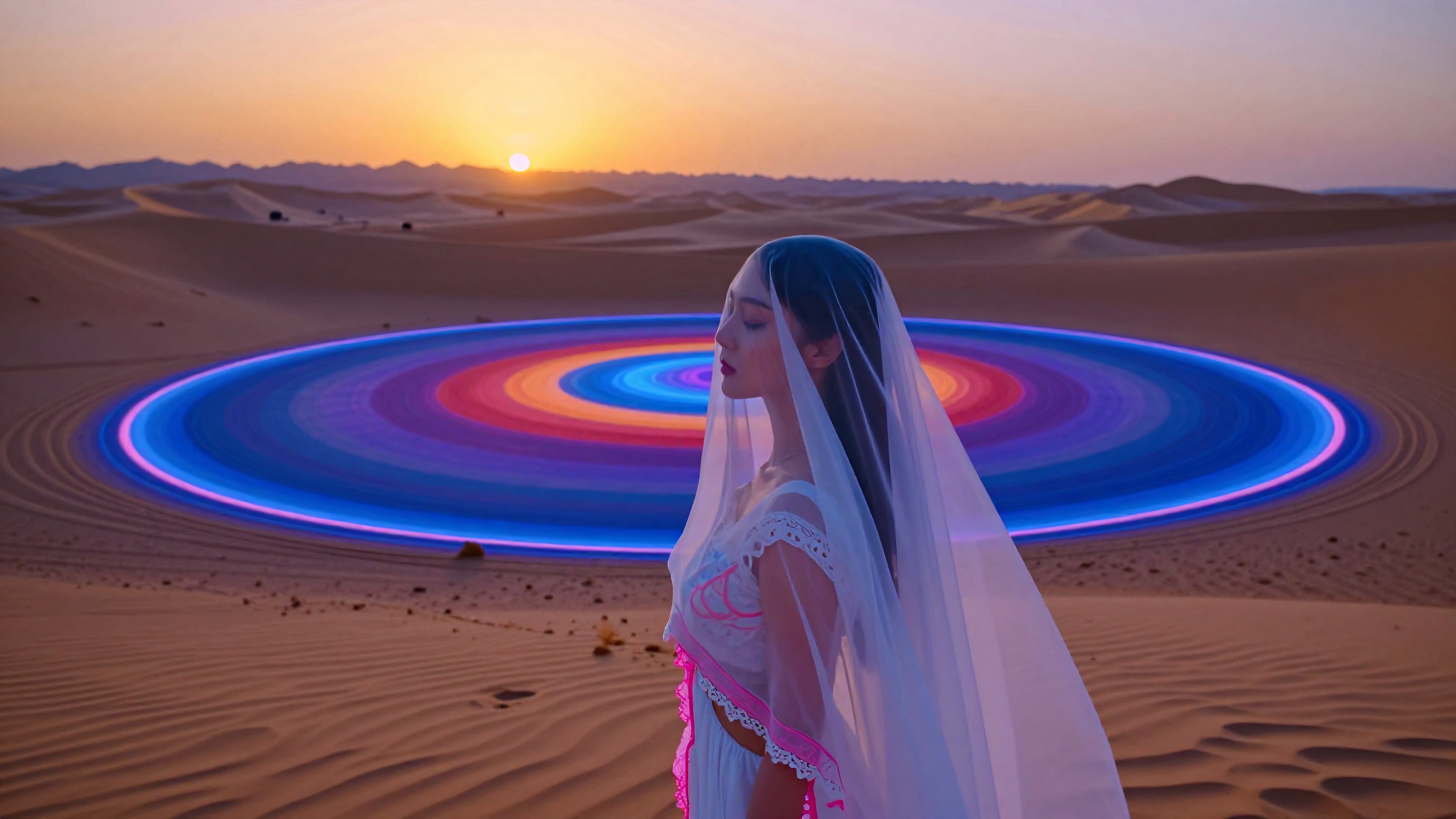 A serene woman in a desert with colorful light circles.