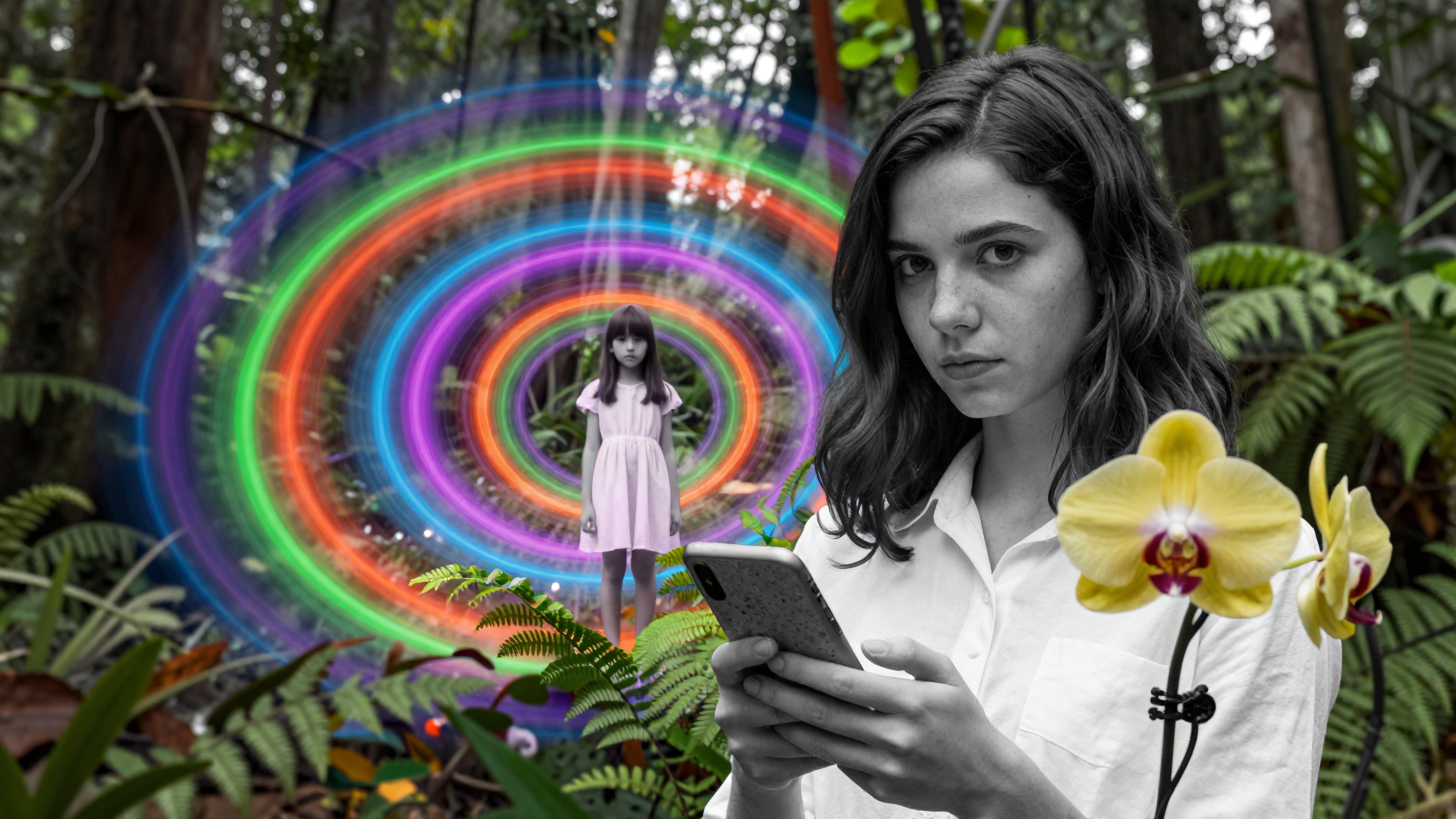 A young woman holding a smartphone stands in a forest, with a rainbow portal and a girl in the background.