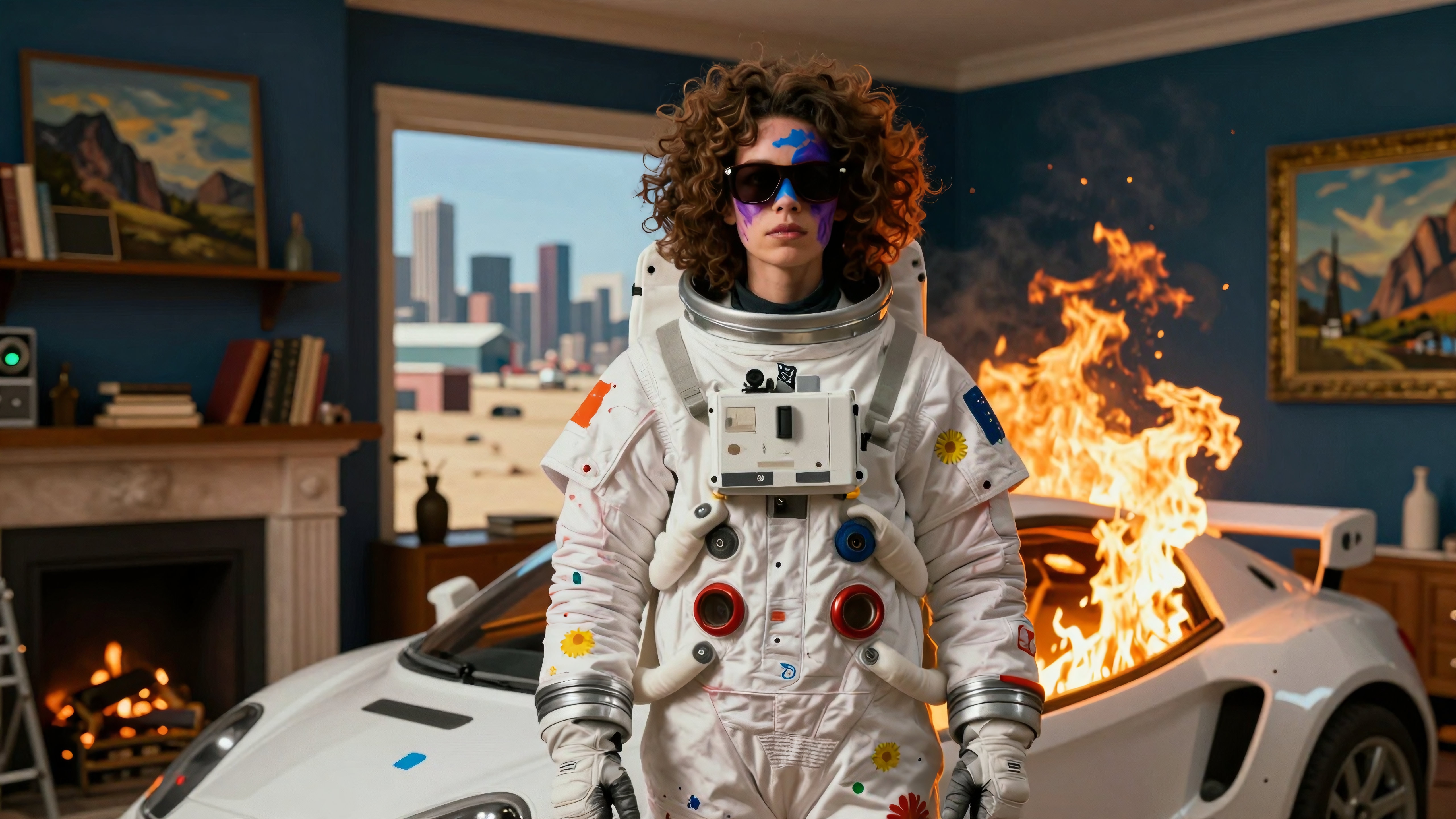 A person in a colorful spacesuit and sunglasses stands in front of a flaming car, blending futuristic and surreal elements.