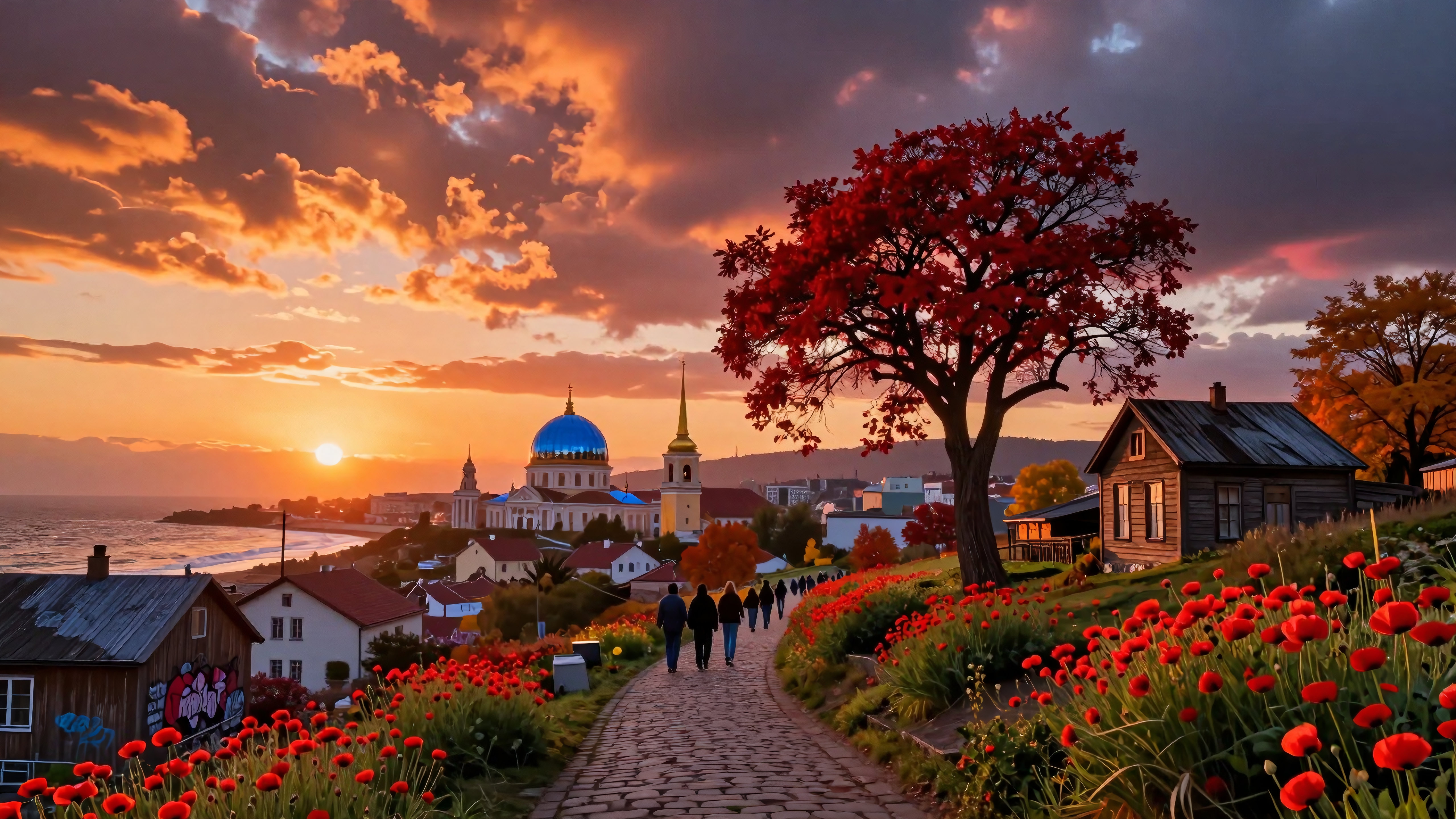 A breathtaking village sunset with red poppies lining a cobblestone path, leading to a blue-domed building under a vibrant sky.