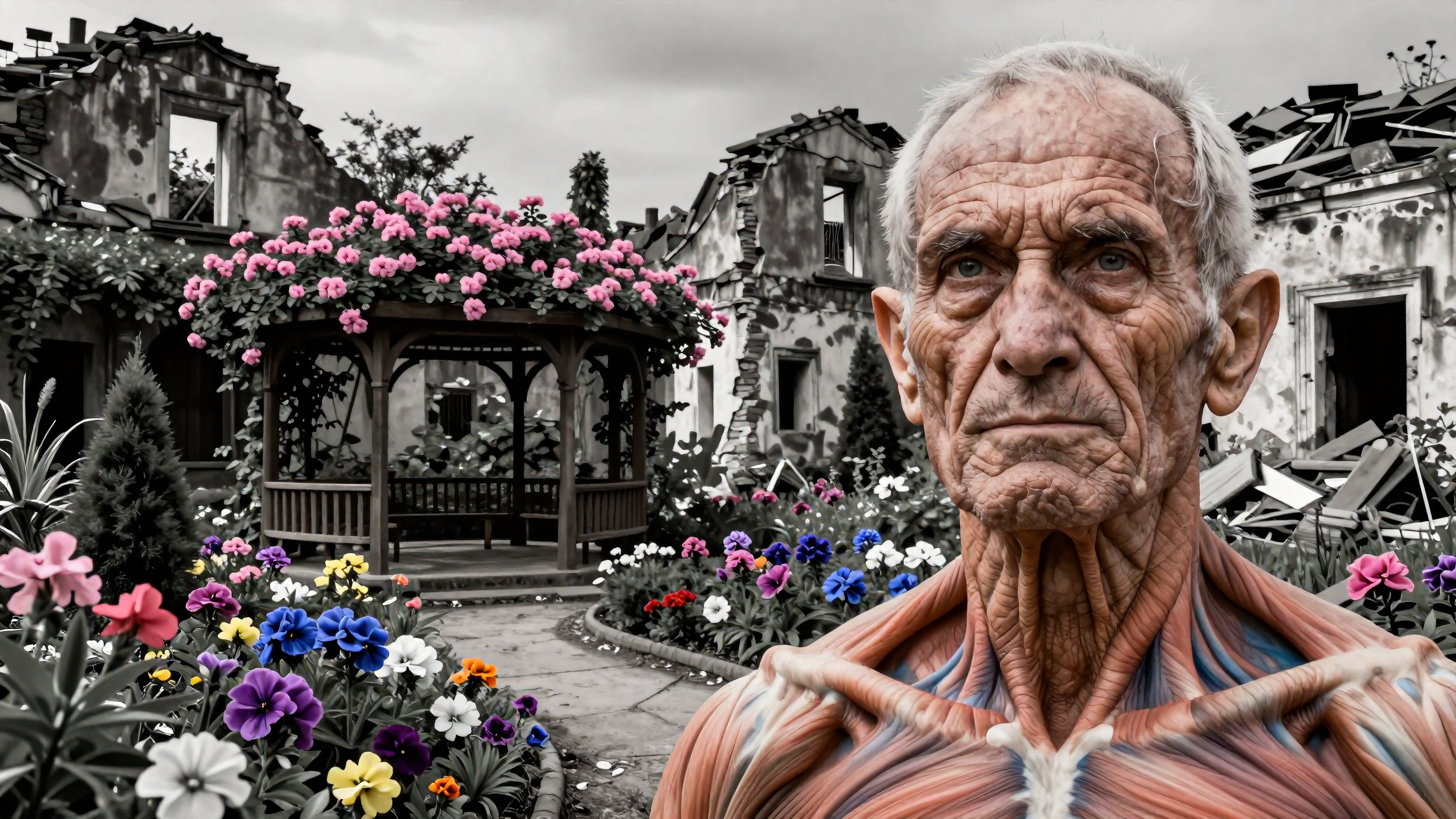 Elderly man in vibrant garden background.
