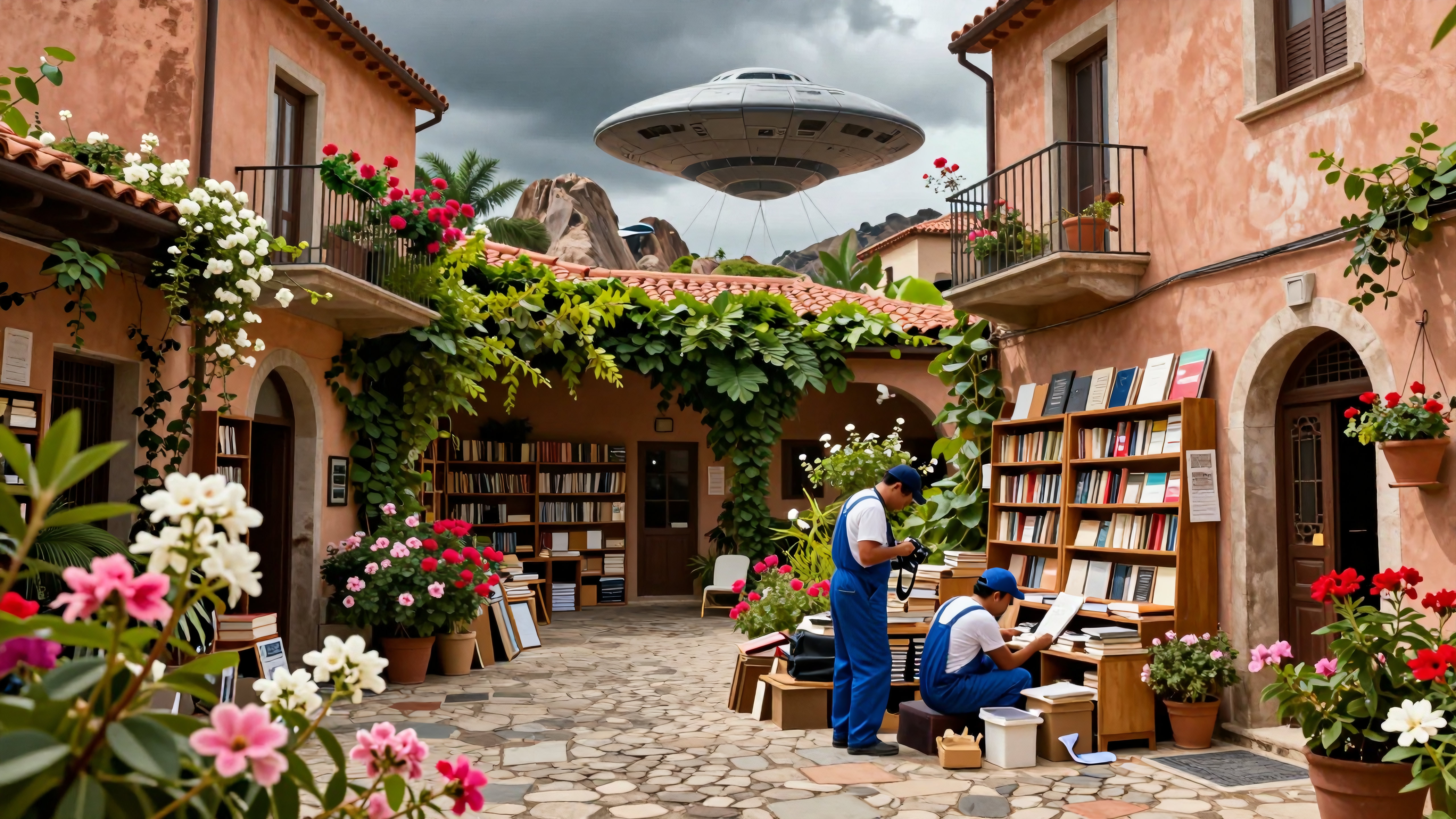 A quaint courtyard library with blooming flowers, two men working, and a UFO looming in the sky above.